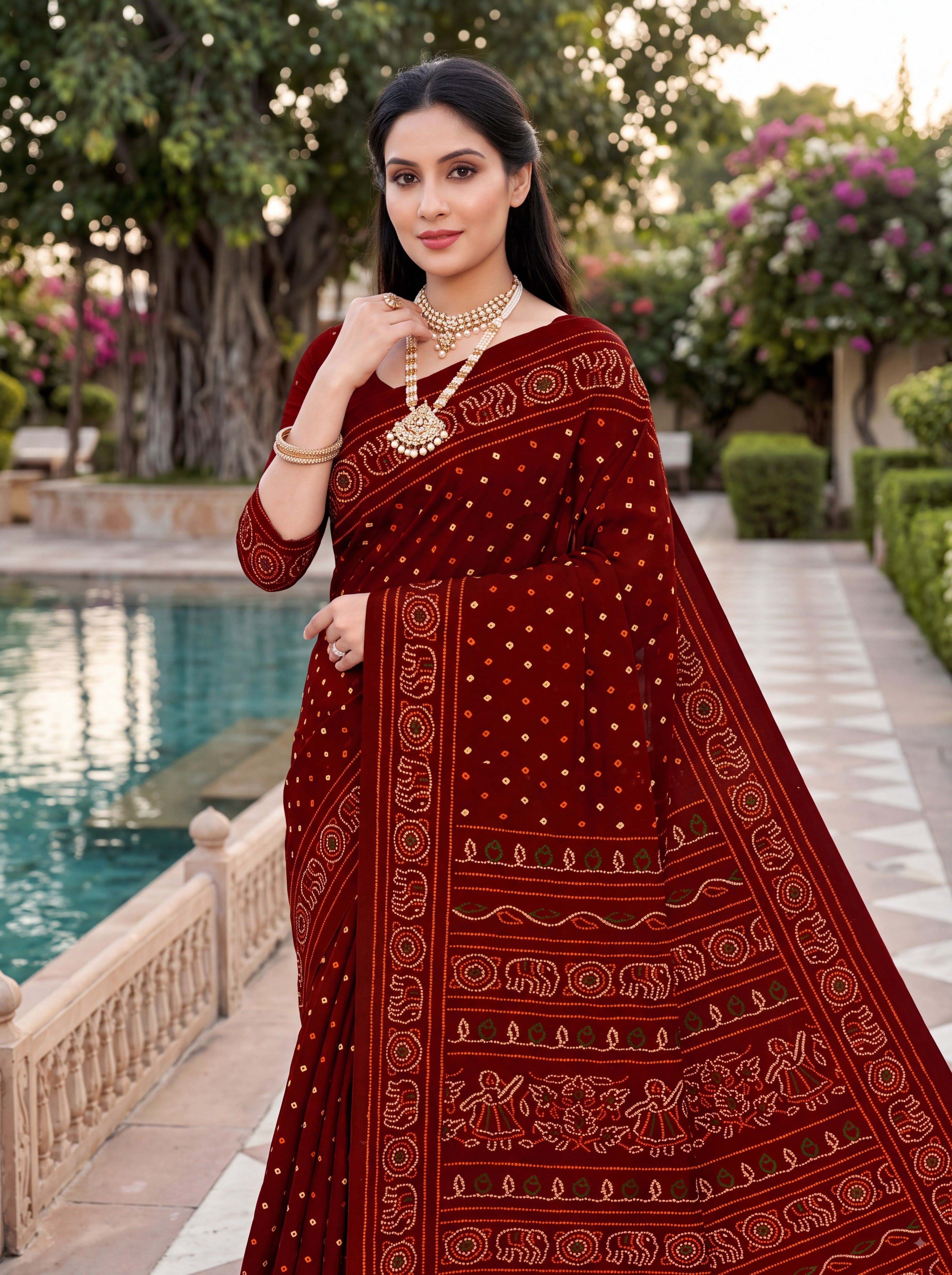 Rang Mahal Heritage Print Maroon Color Bandhani Saree