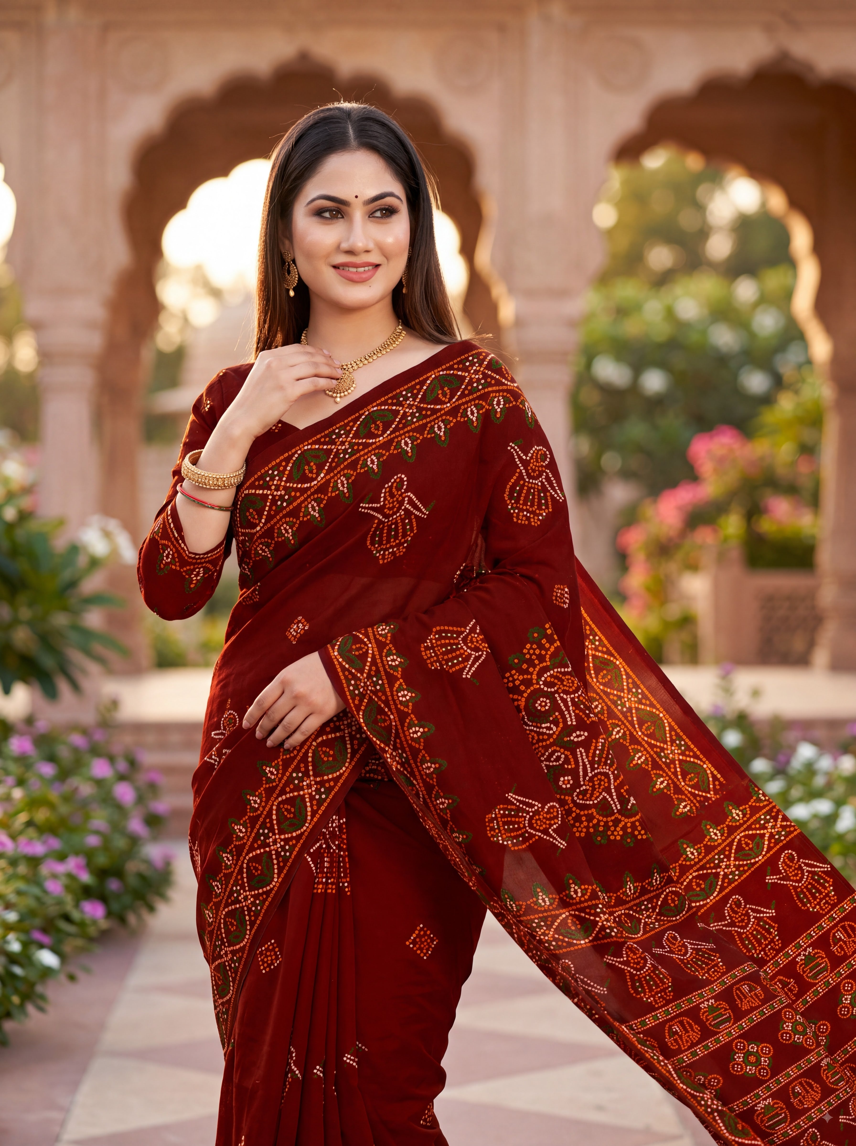 Rasmandala Heritage Print Maroon Color Bandhani Saree