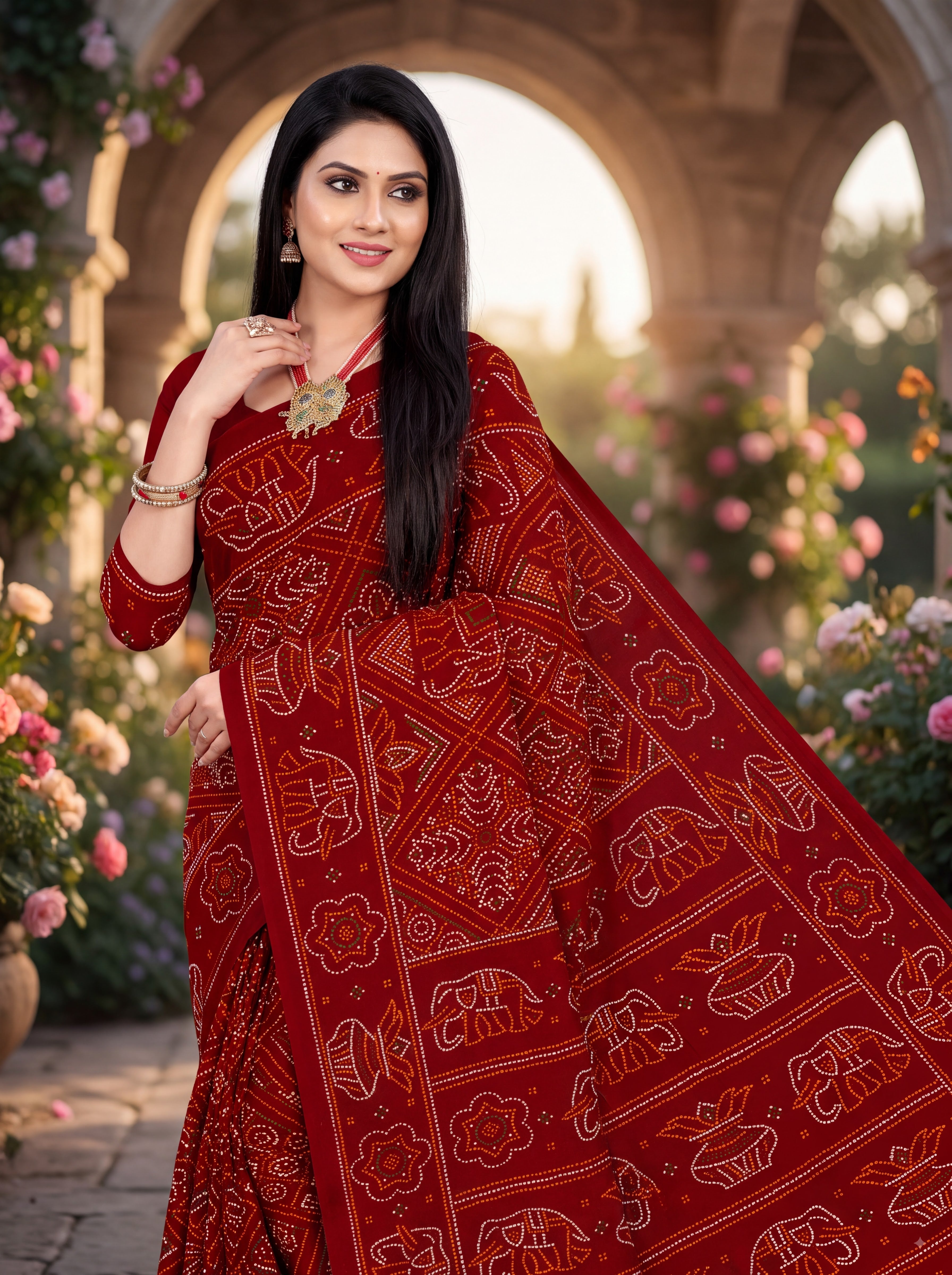 Gaj Kesari Heritage Print Maroon Color Bandhani Saree