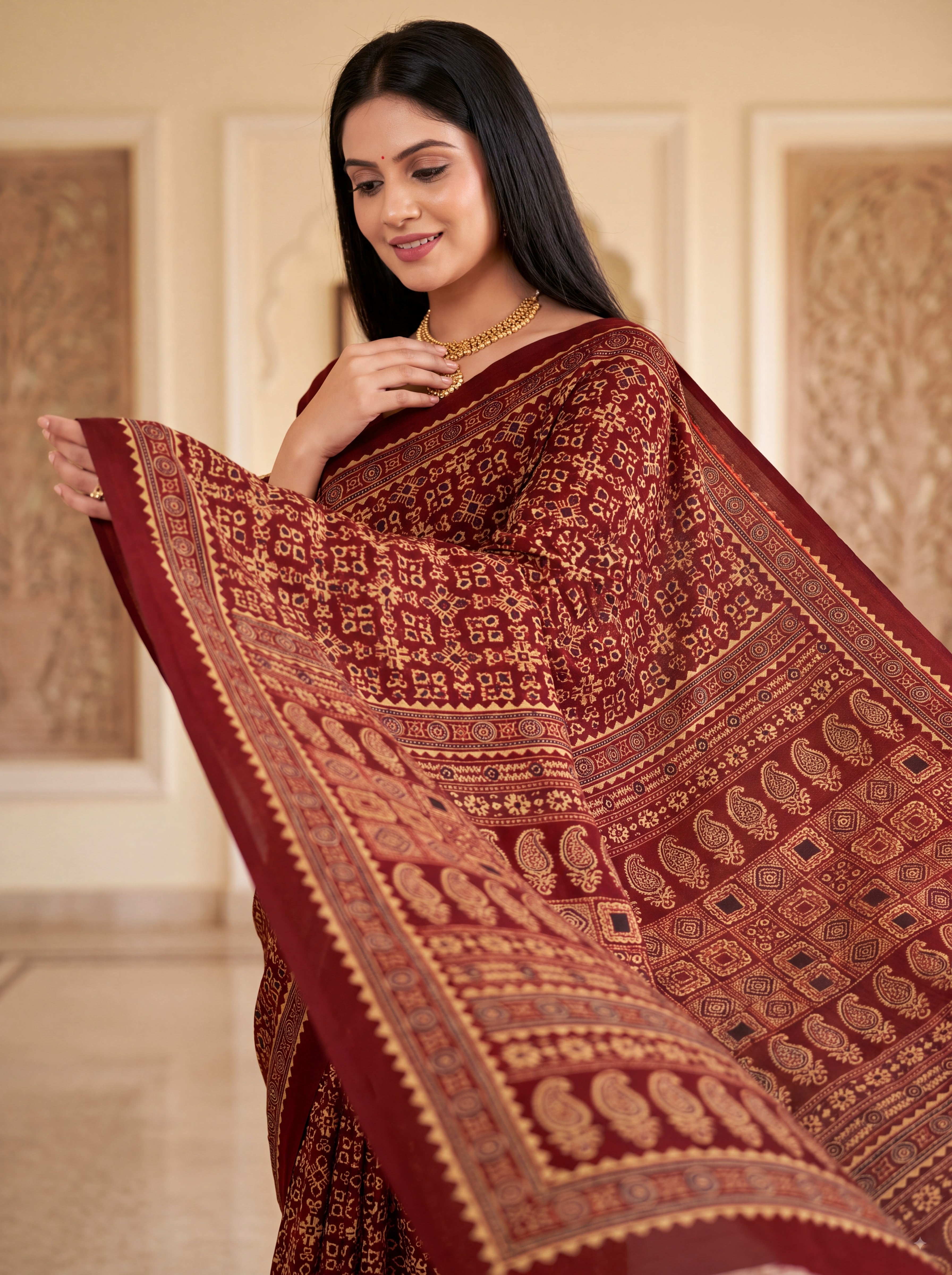 Yamini Heritage Print Ajrakh Maroon Color Saree