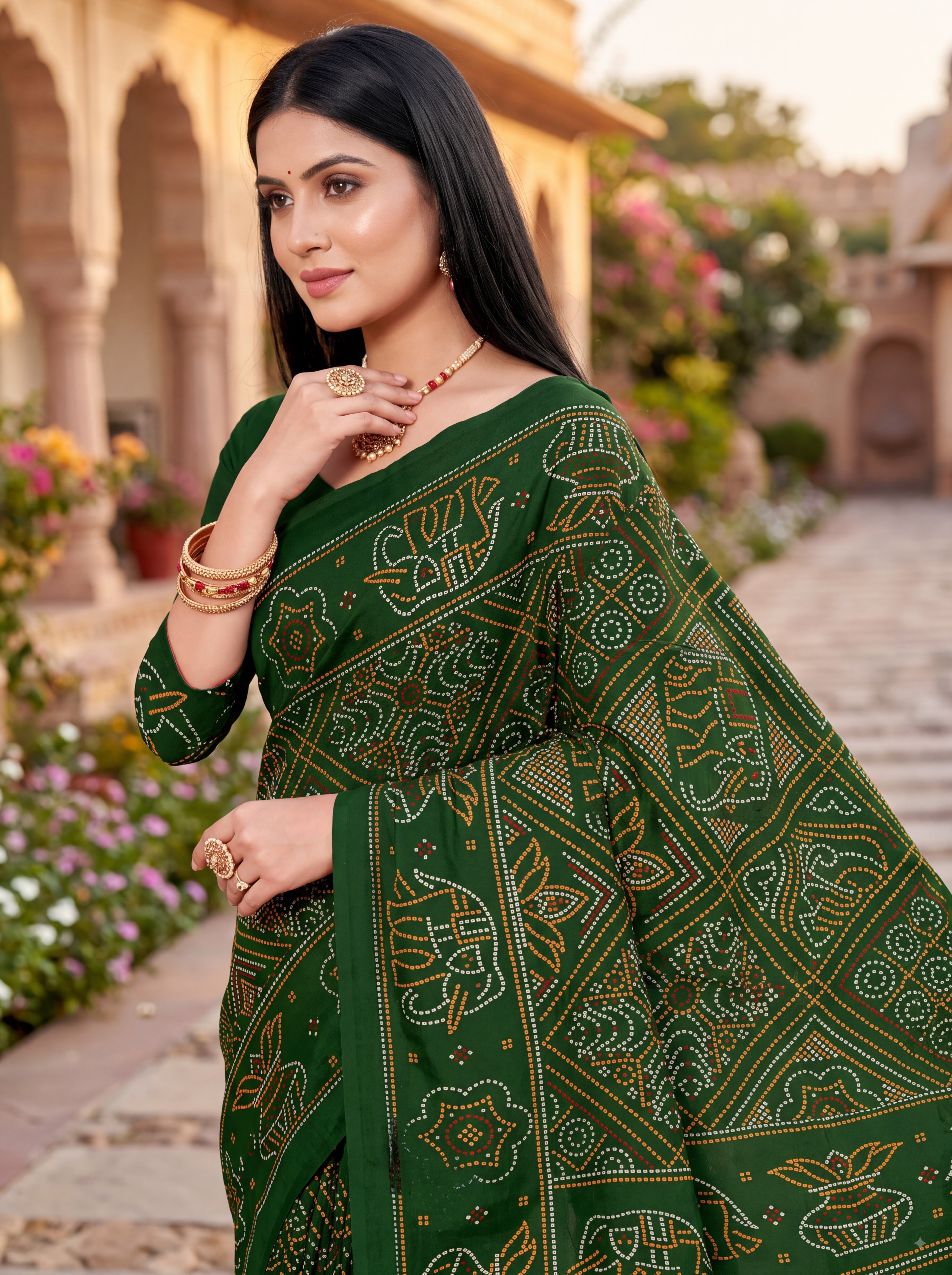 Gaj Kesari Heritage Print Green Color Bandhani Saree
