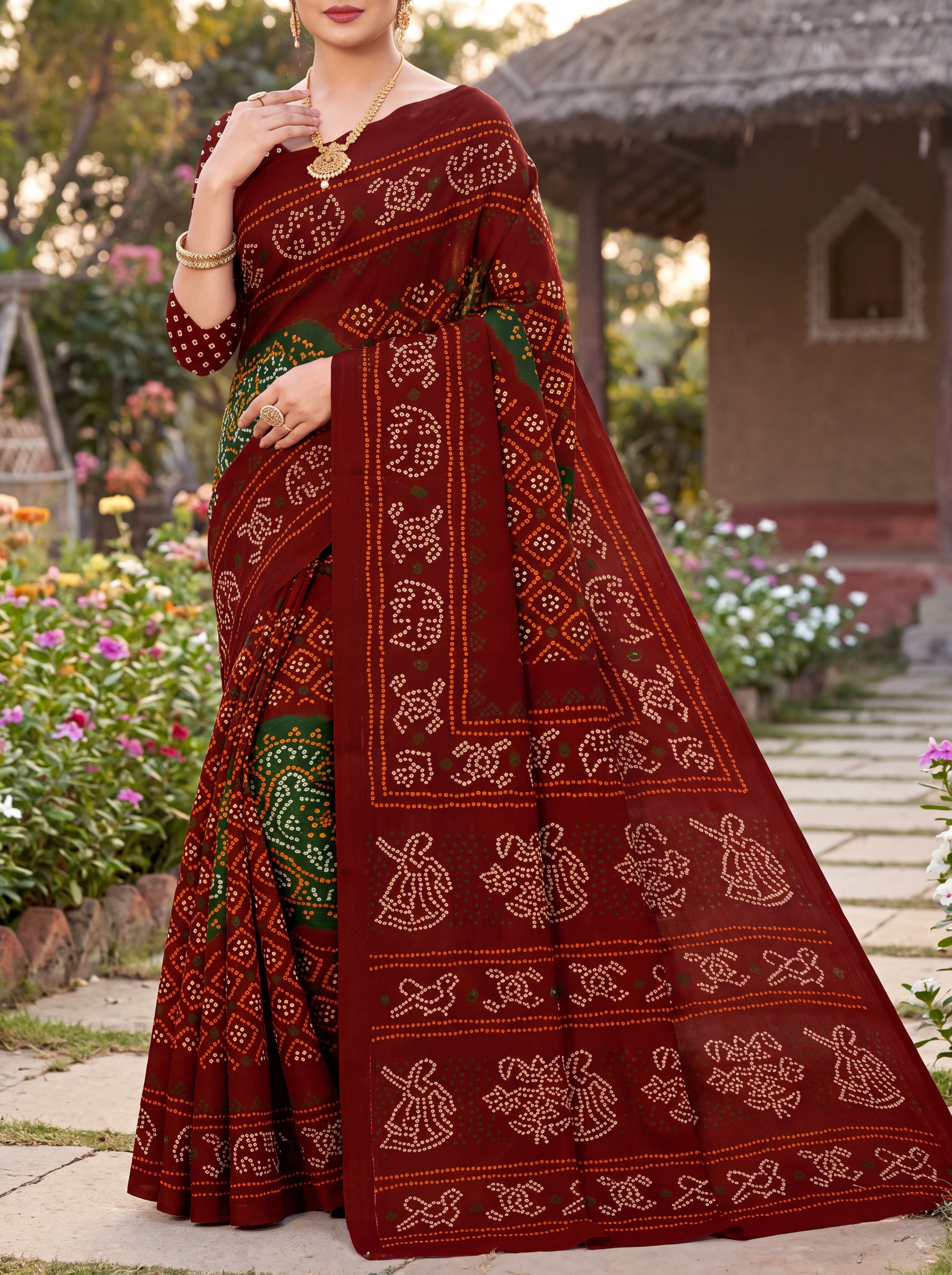 Rajratna Heritage Print Bandhani Maroon Color Saree