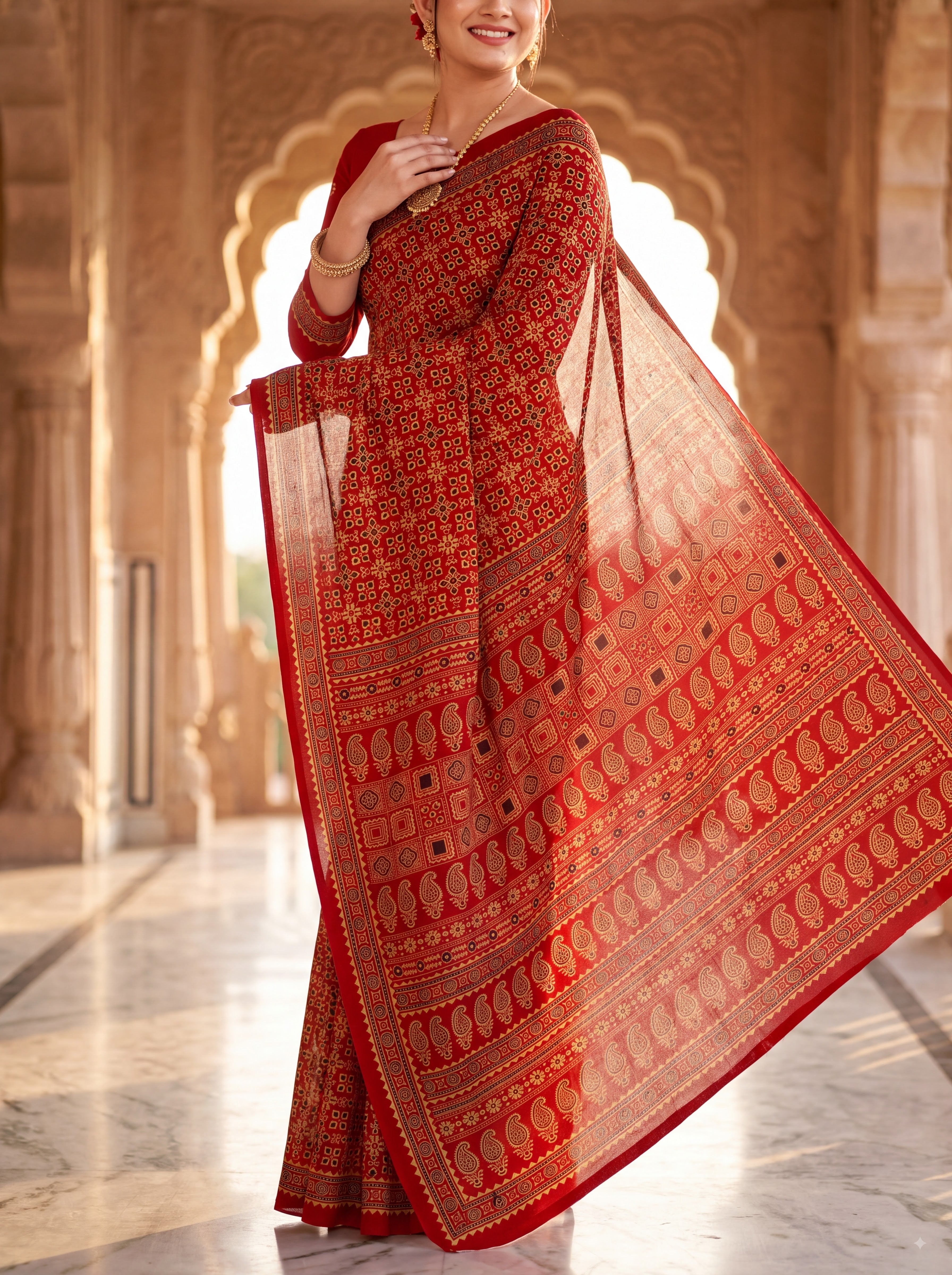 Yamini Heritage Print Ajrakh Red Color Saree