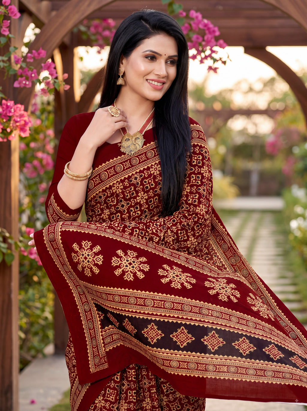Sitara Premium Printed Ajrakh Maroon Color Saree