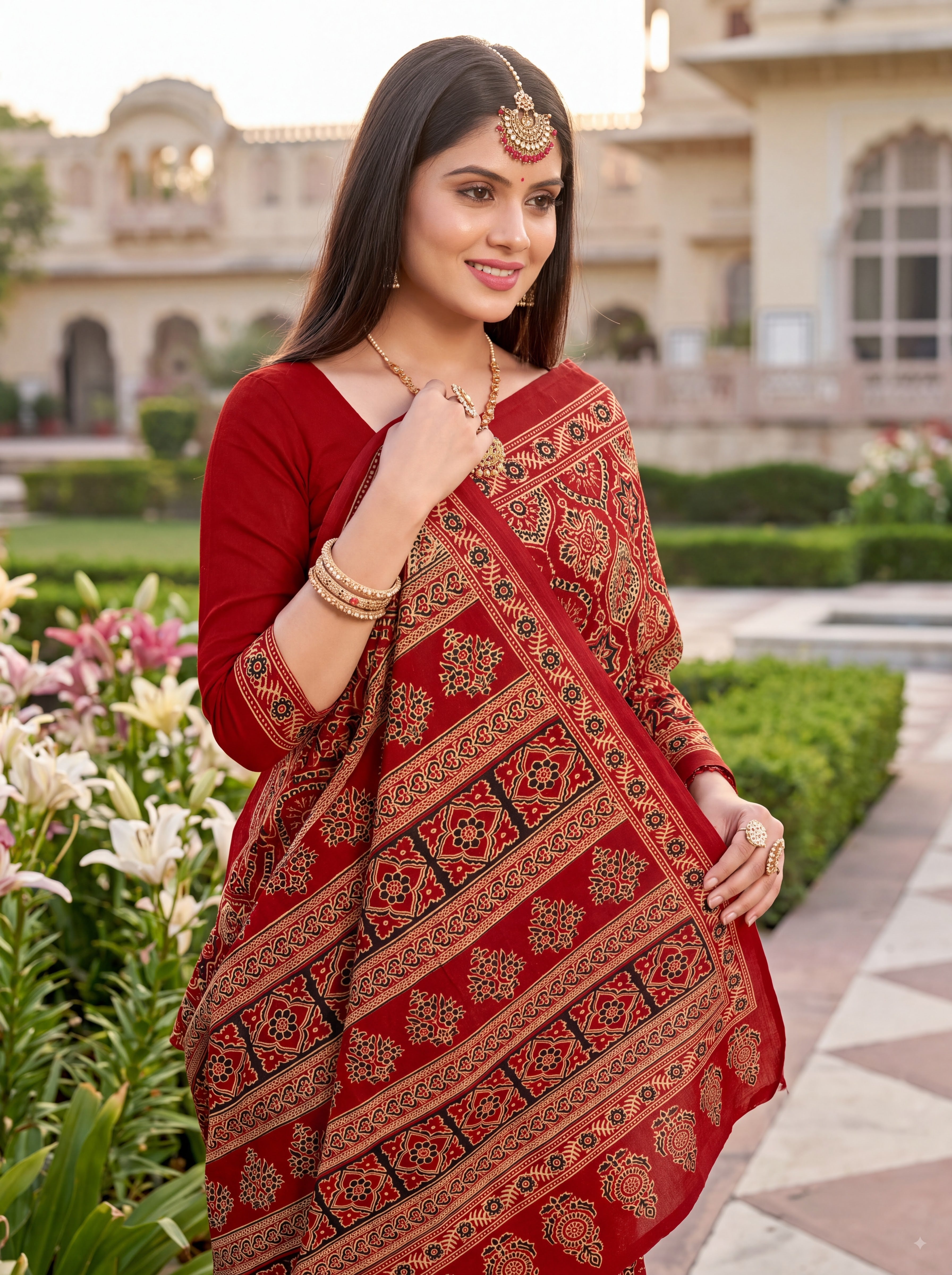 Roohi Heritage Print Red Color Ajrakh Saree