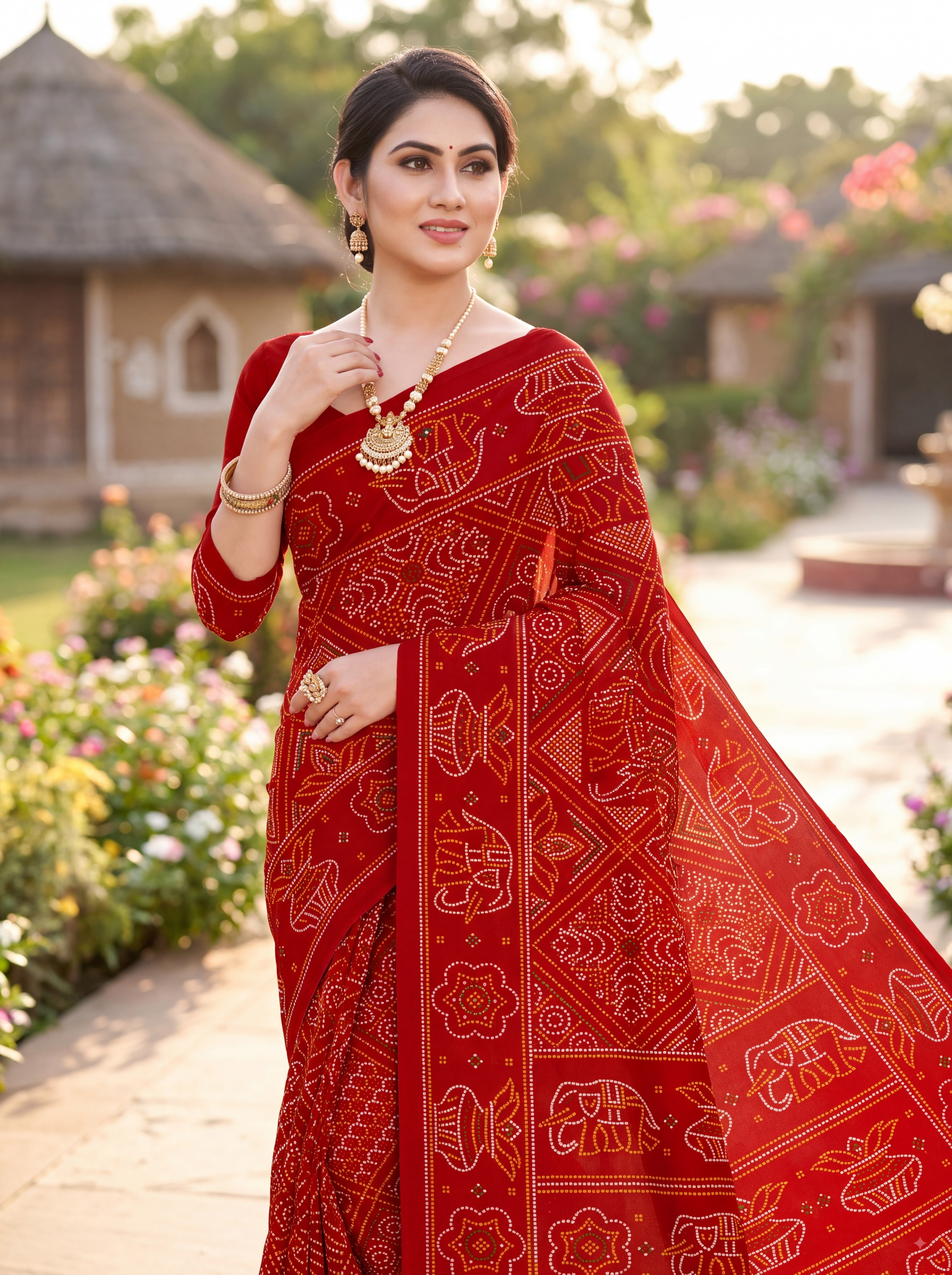 Gaj Kesari Heritage Print Red Color Bandhani Saree