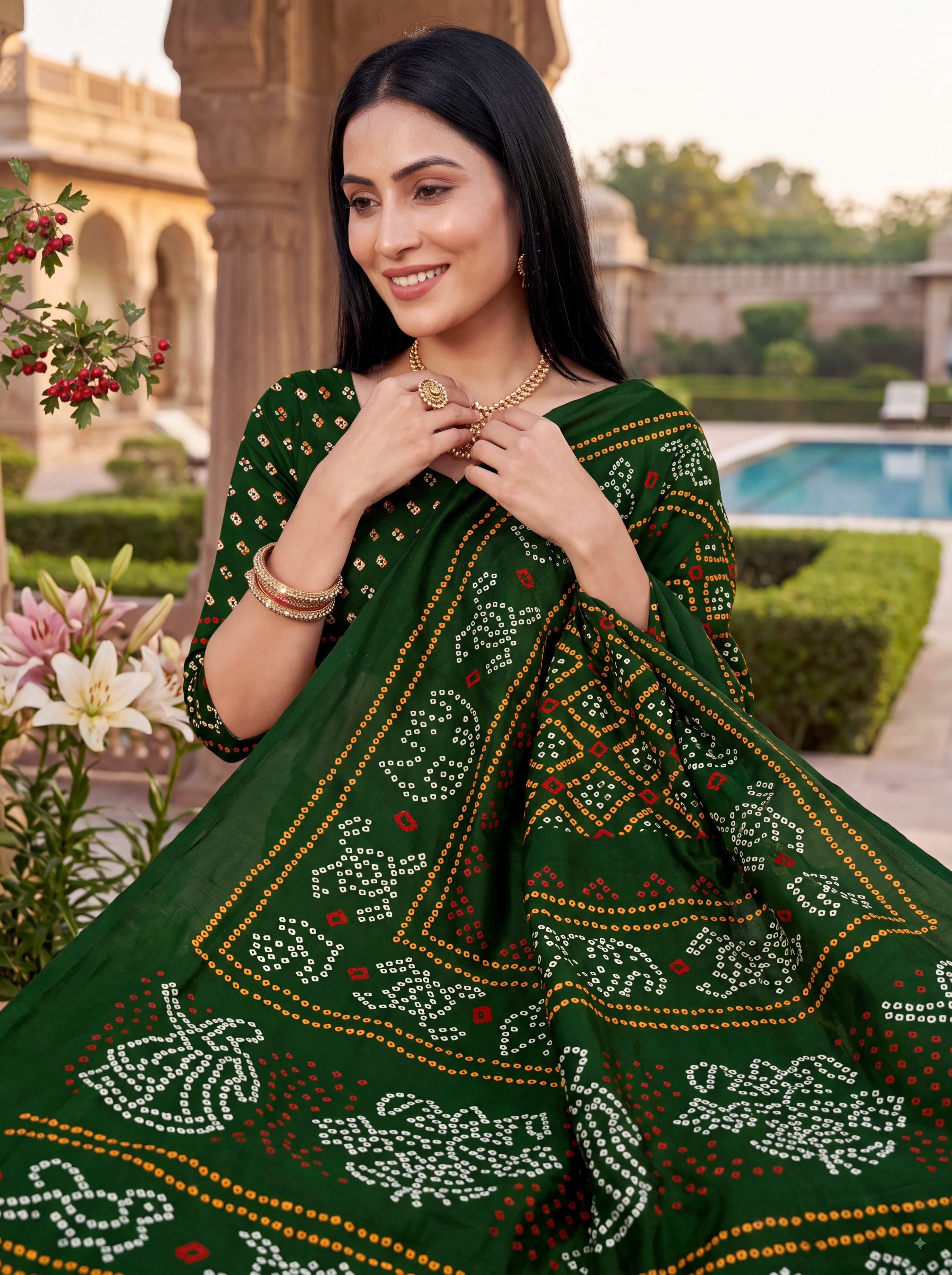 Rajratna Heritage Print Bandhani Green Color Saree
