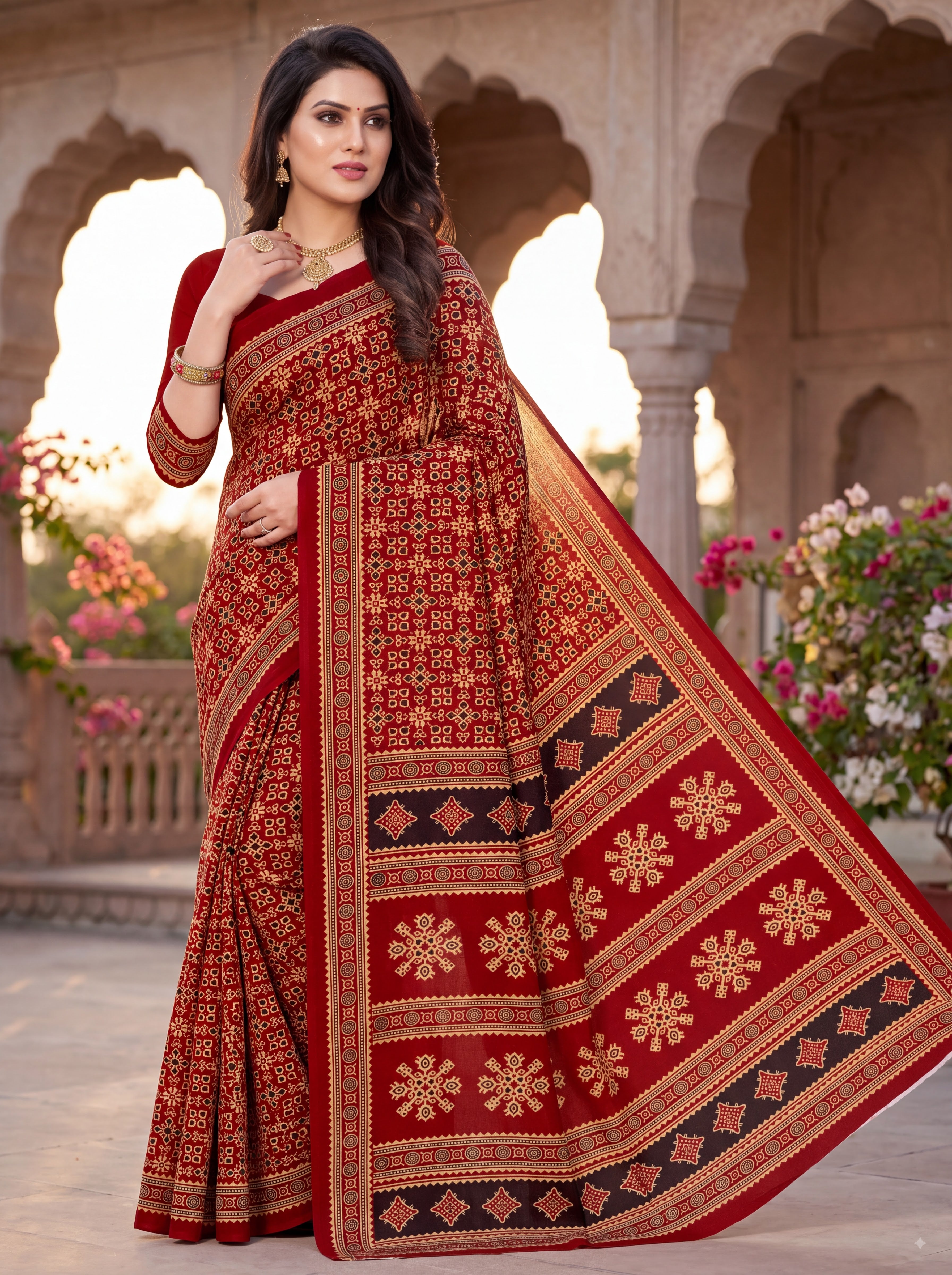 Sitara Premium Printed Ajrakh Red Color Saree