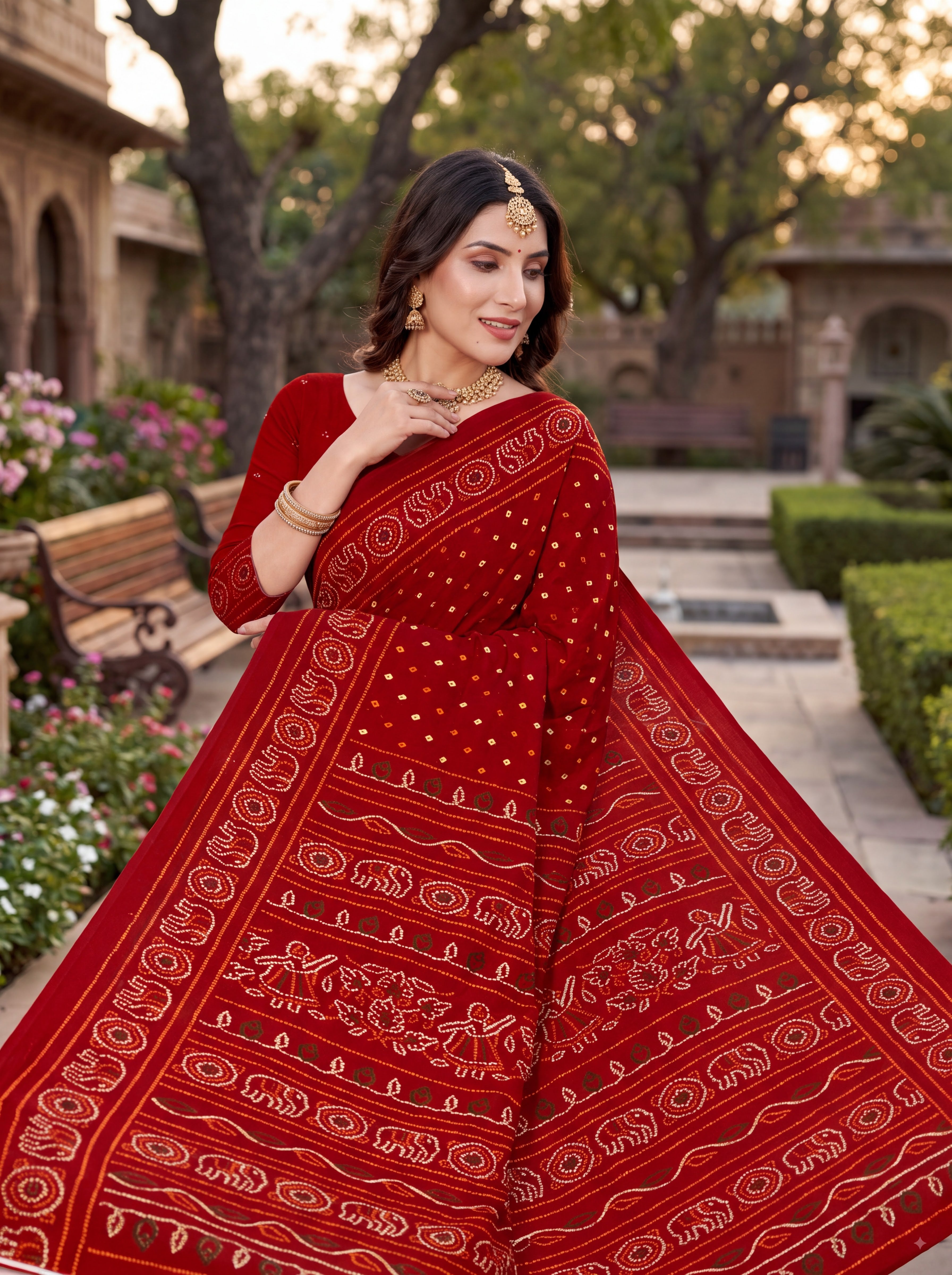 Rang Mahal Heritage Print Red Color Bandhani Saree