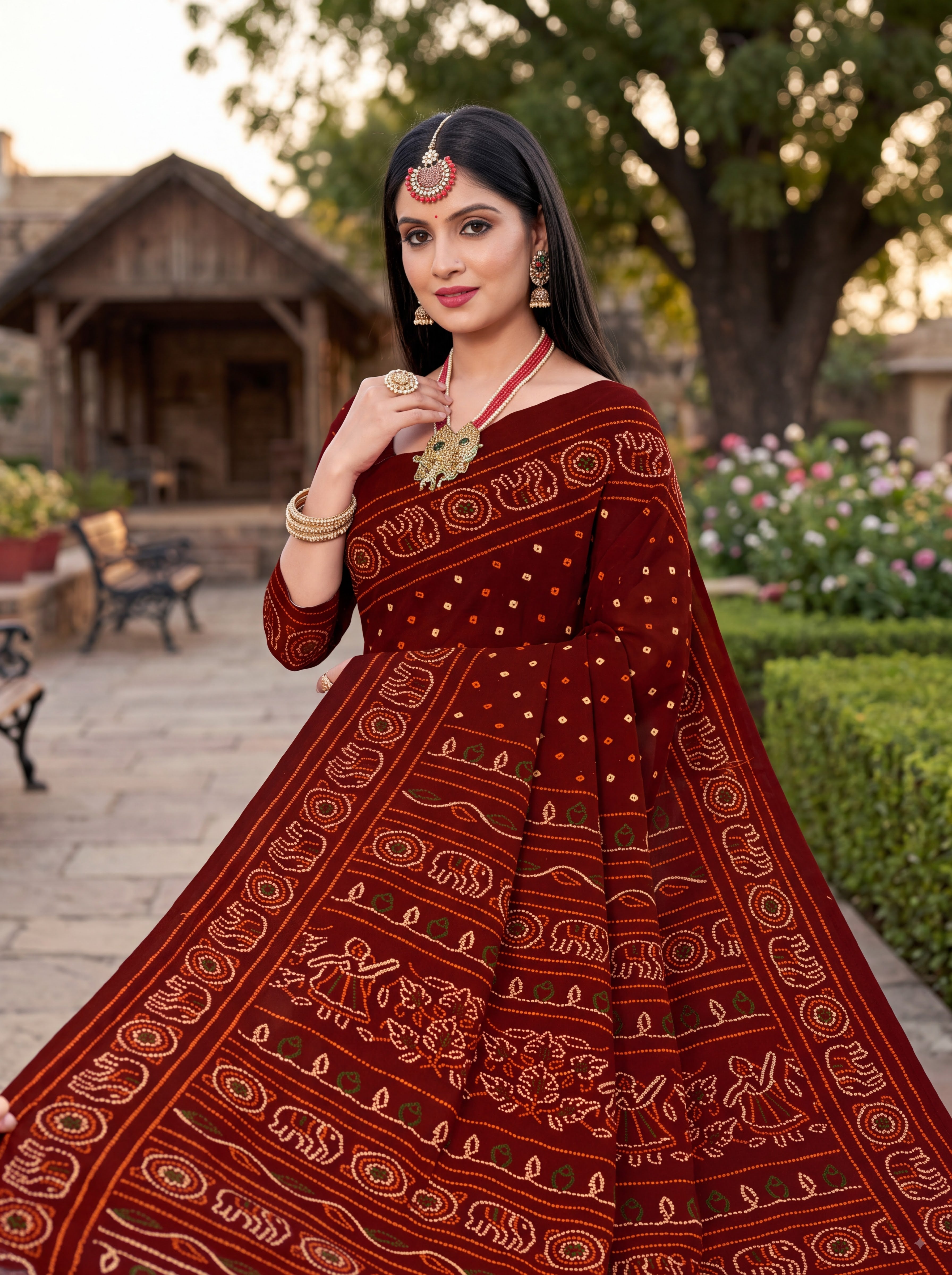 Rang Mahal Heritage Print Maroon Color Bandhani Saree
