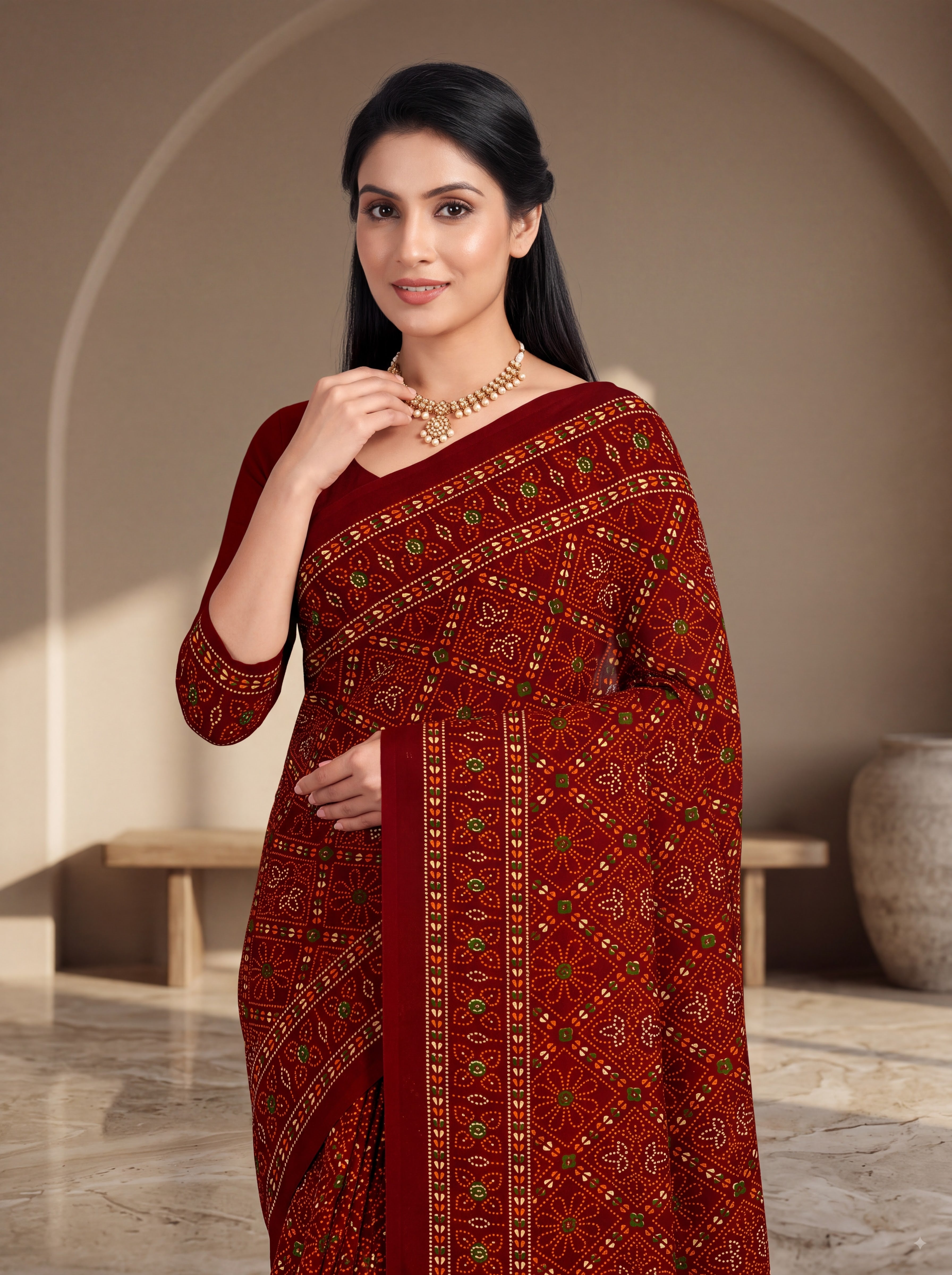 Raj Tilak Heritage Print Maroon Bandhani Saree