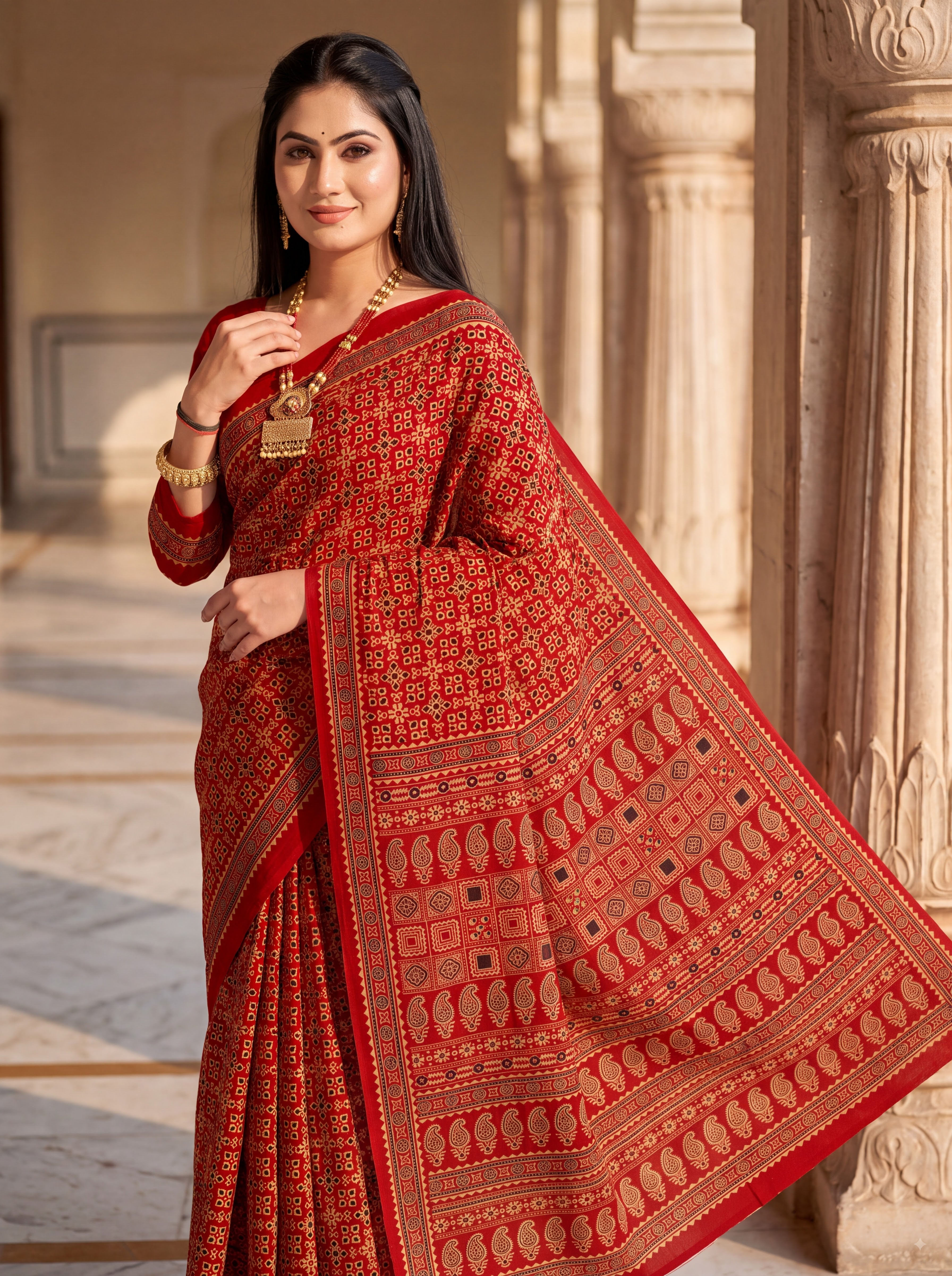 Yamini Heritage Print Ajrakh Red Color Saree