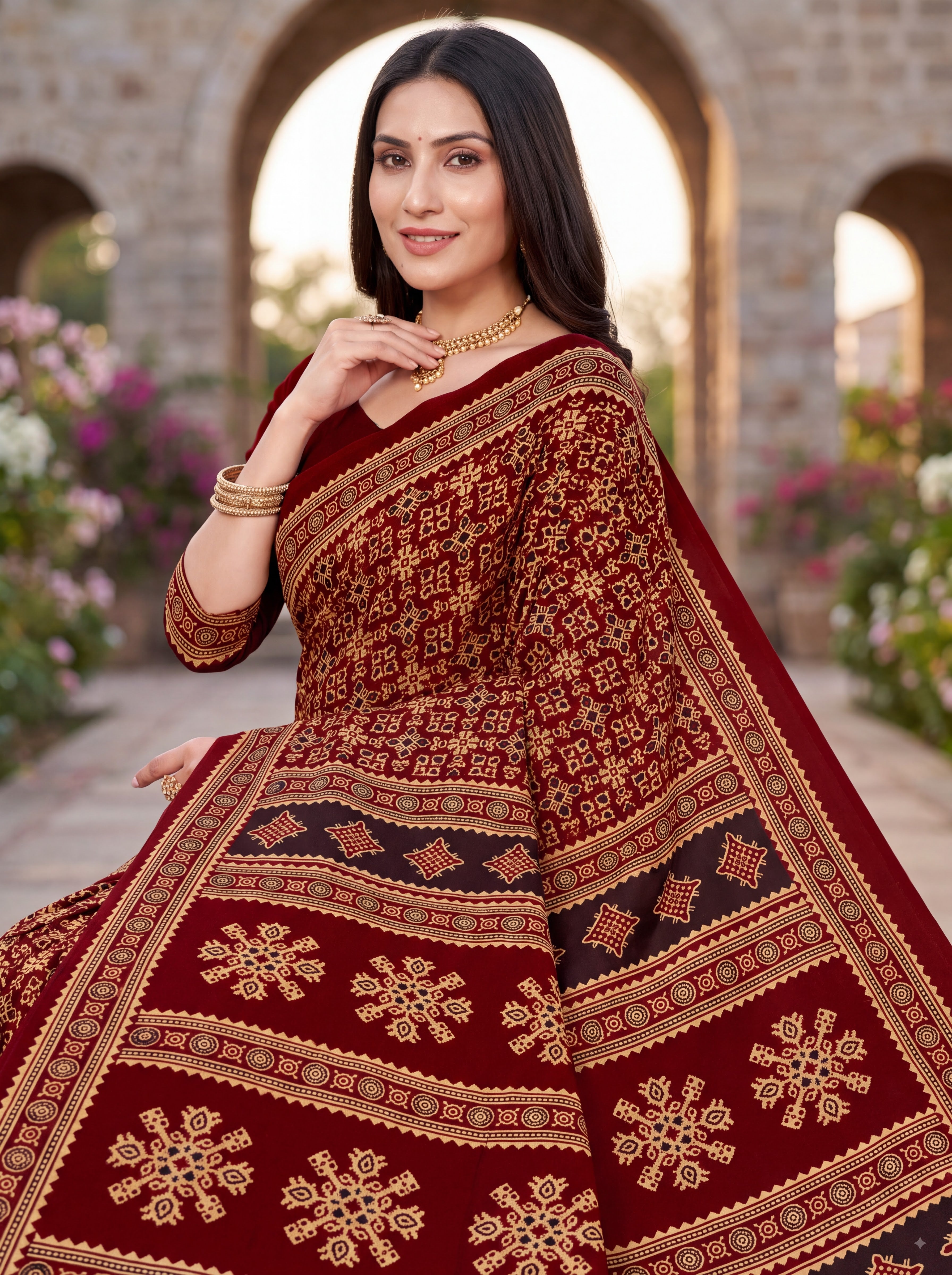 Sitara Premium Printed Ajrakh Maroon Color Saree
