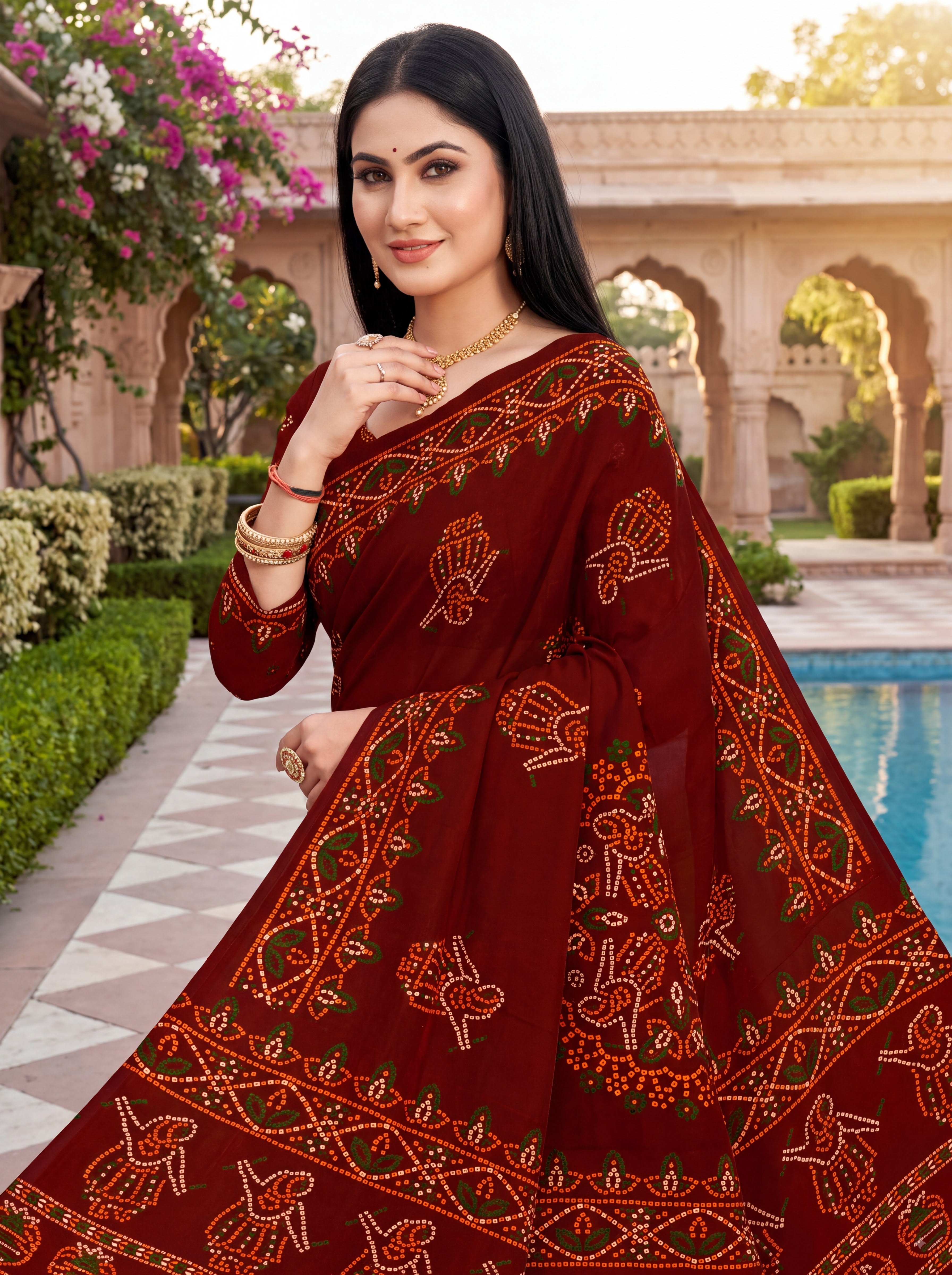 Rasmandala Heritage Print Maroon Color Bandhani Saree