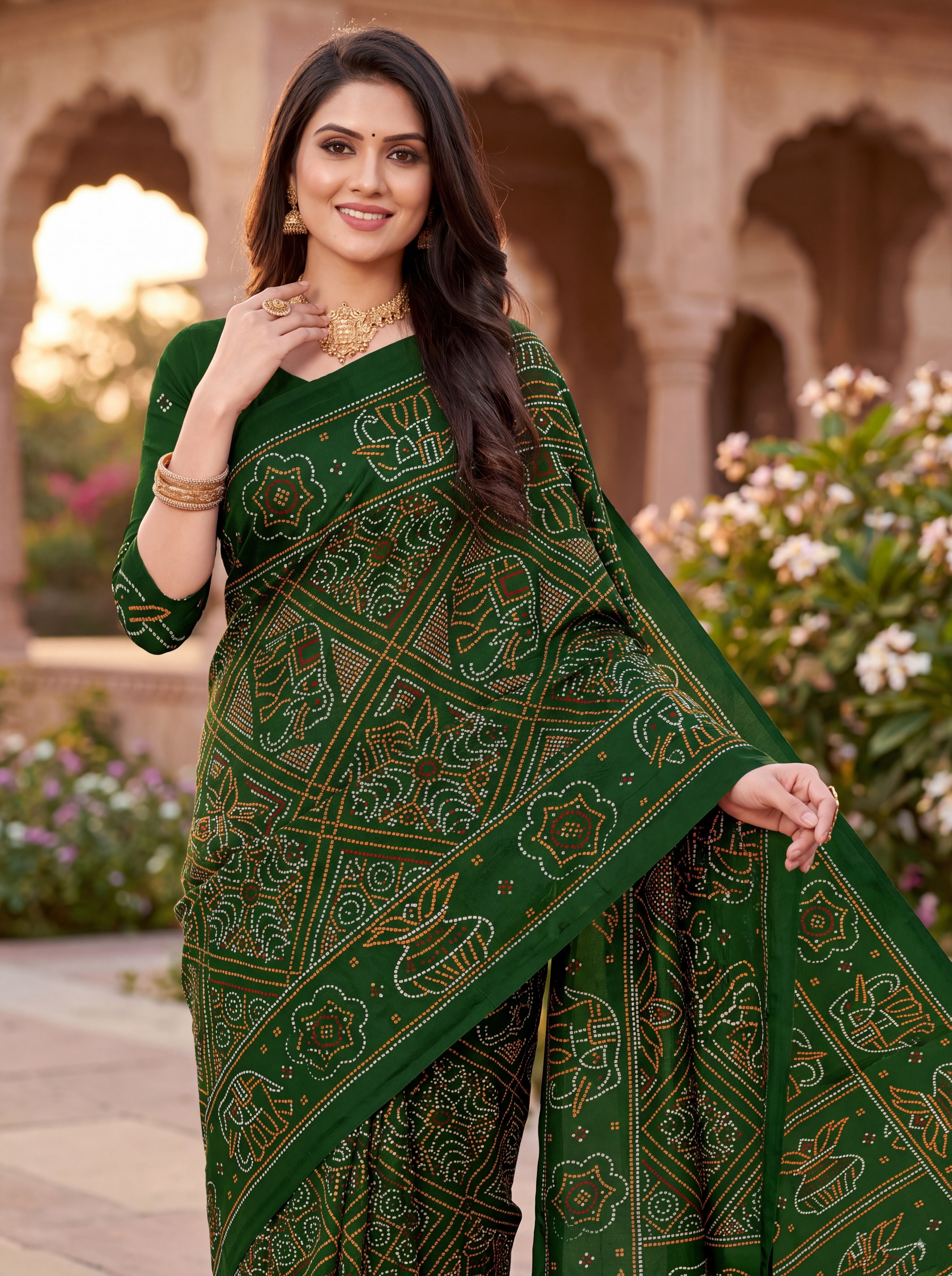 Gaj Kesari Heritage Print Green Color Bandhani Saree