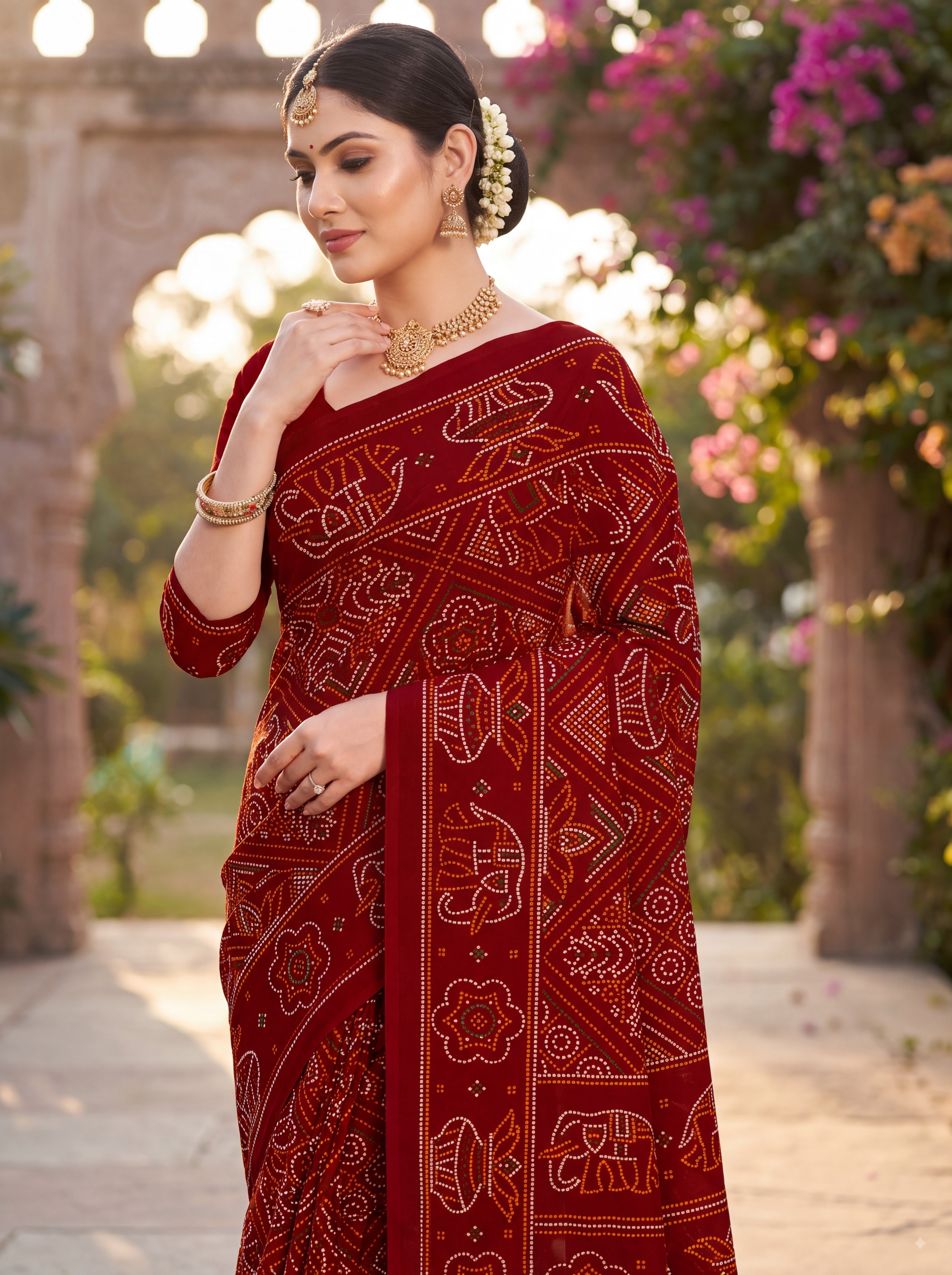 Gaj Kesari Heritage Print Maroon Color Bandhani Saree