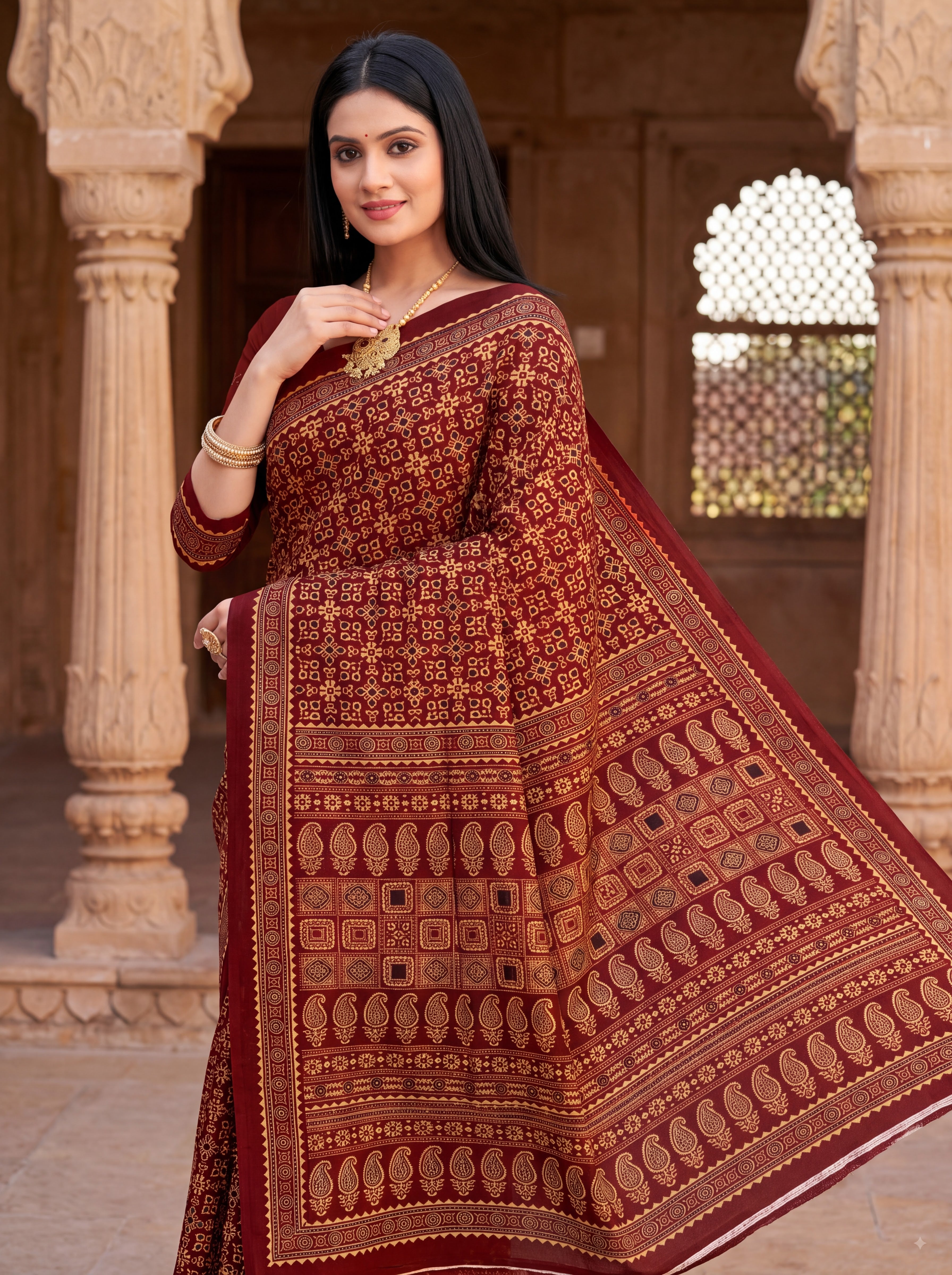 Yamini Heritage Print Ajrakh Maroon Color Saree