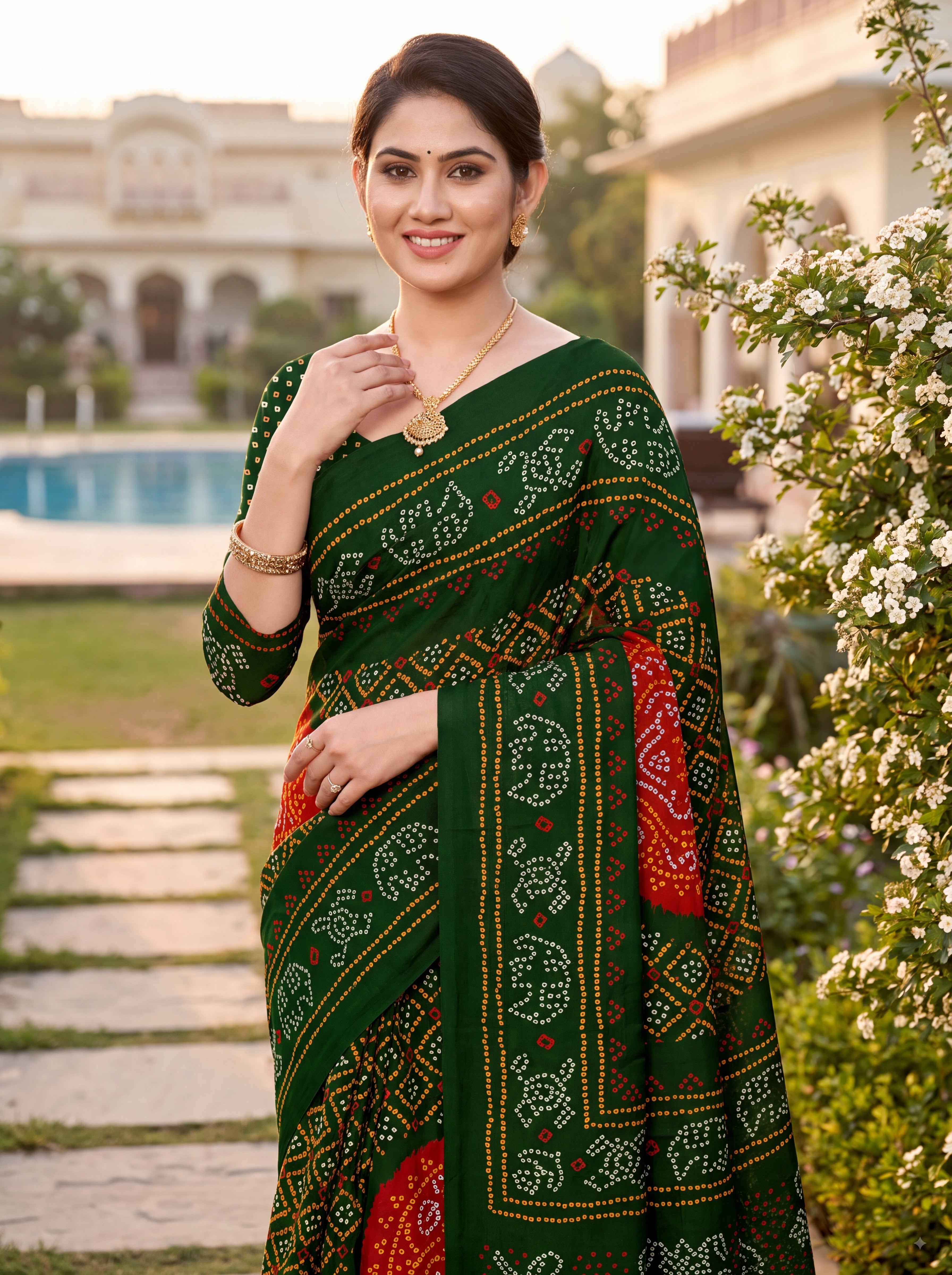 Rajratna Heritage Print Bandhani Green Color Saree