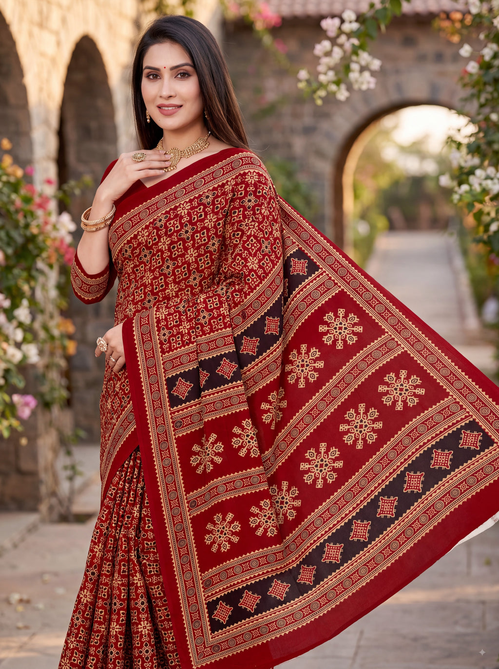 Sitara Premium Printed Ajrakh Red Color Saree
