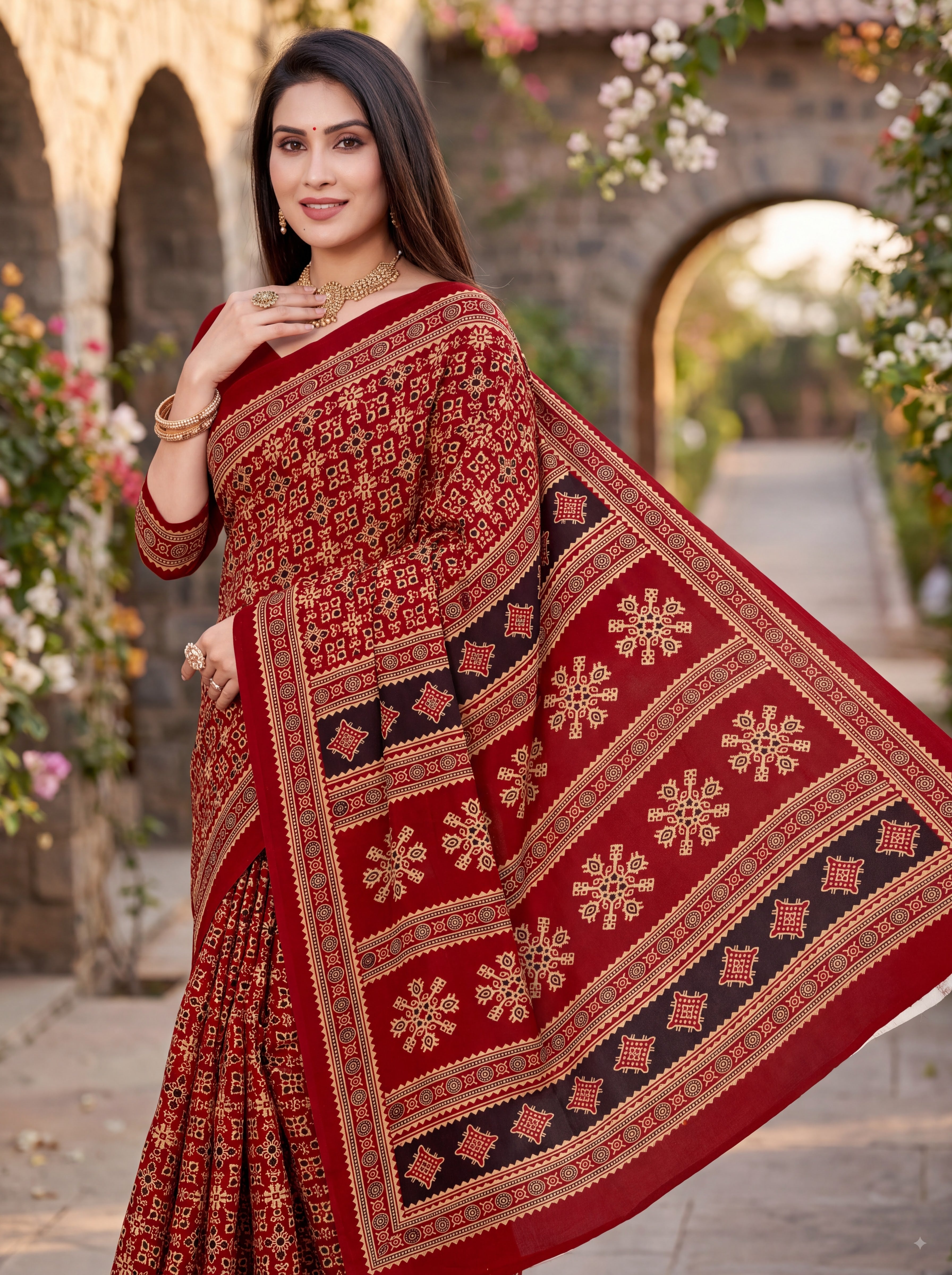 Sitara Premium Printed Ajrakh Red Color Saree