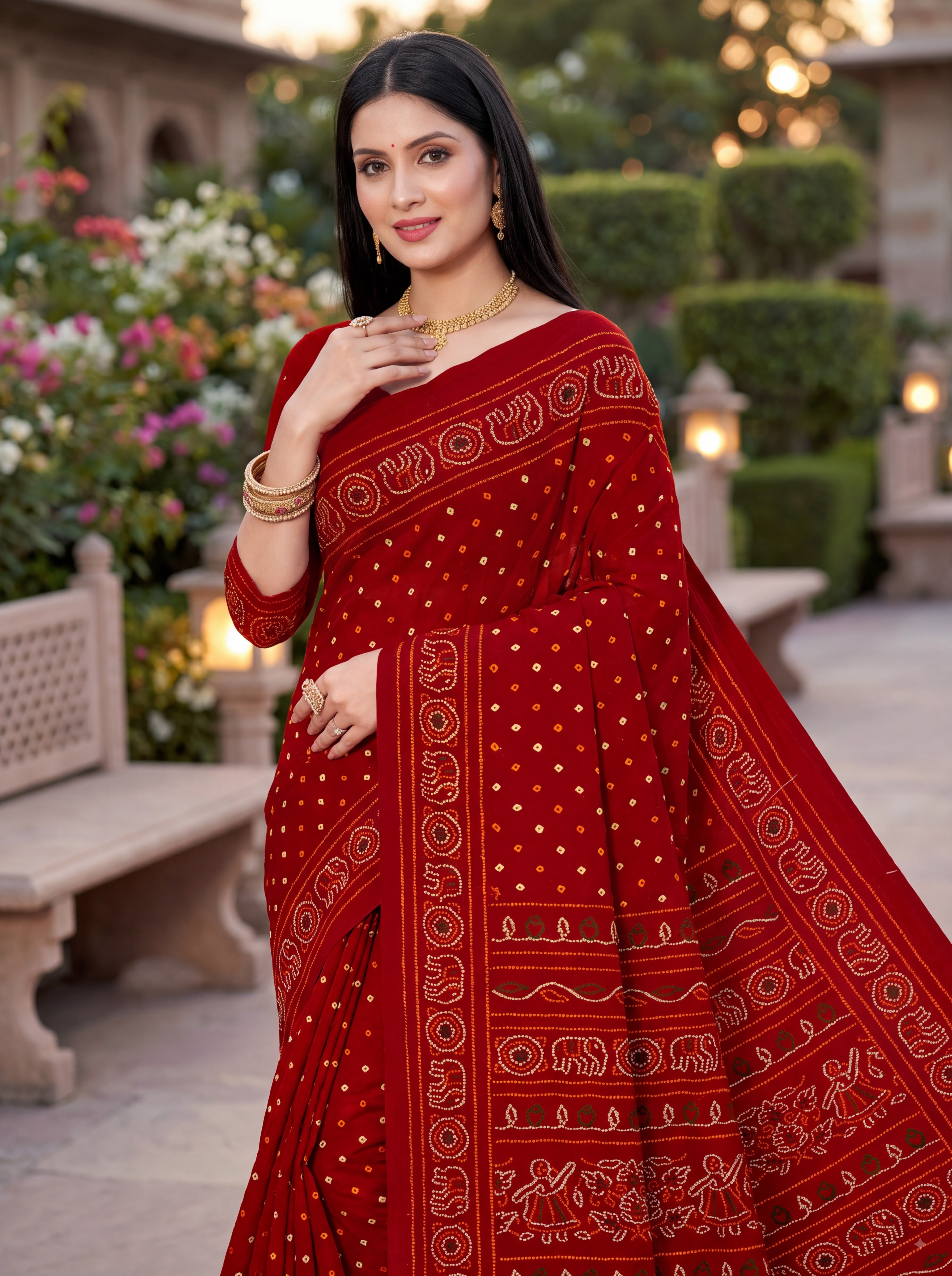 Rang Mahal Heritage Print Red Color Bandhani Saree