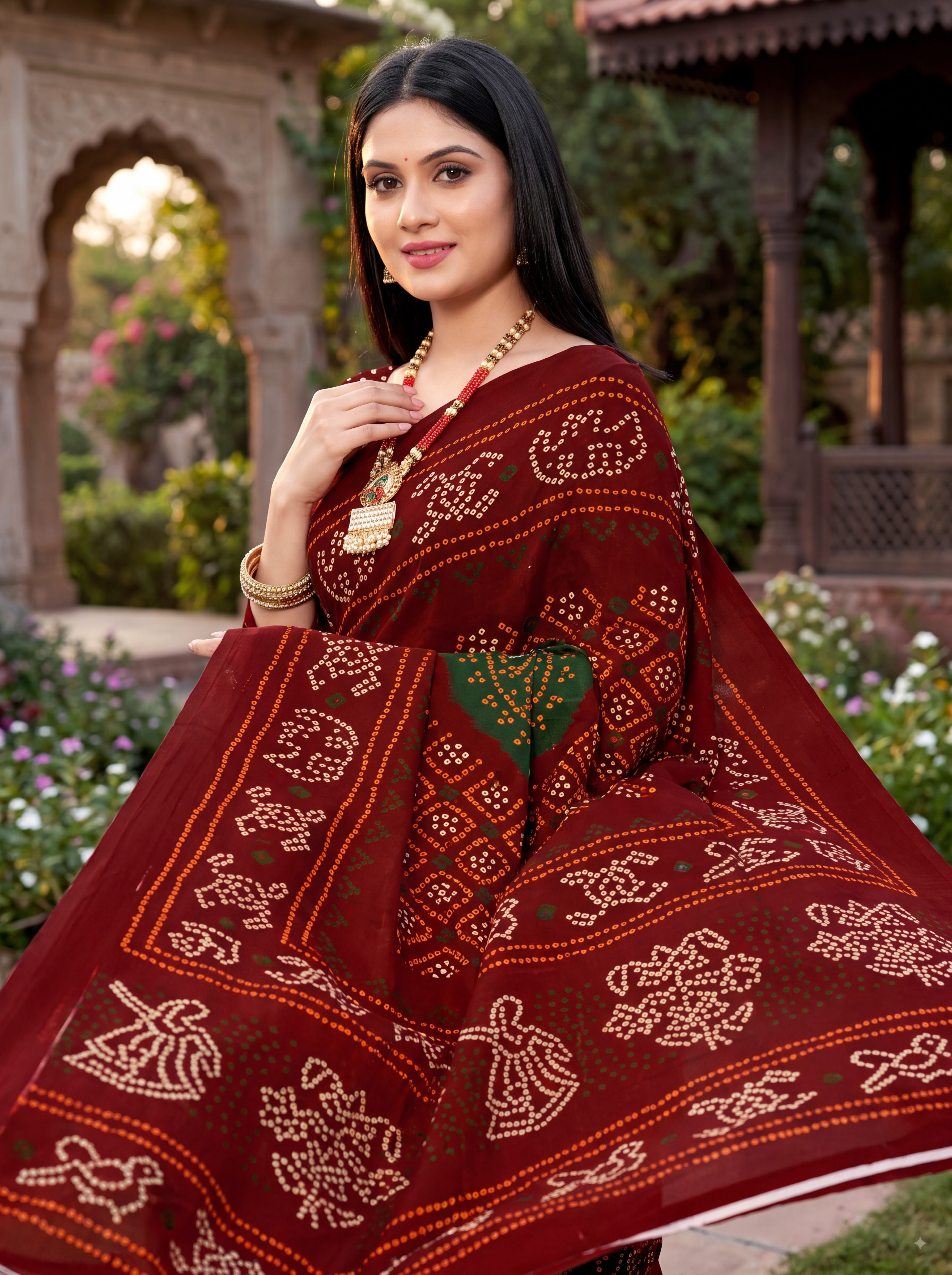 Rajratna Heritage Print Bandhani Maroon Color Saree