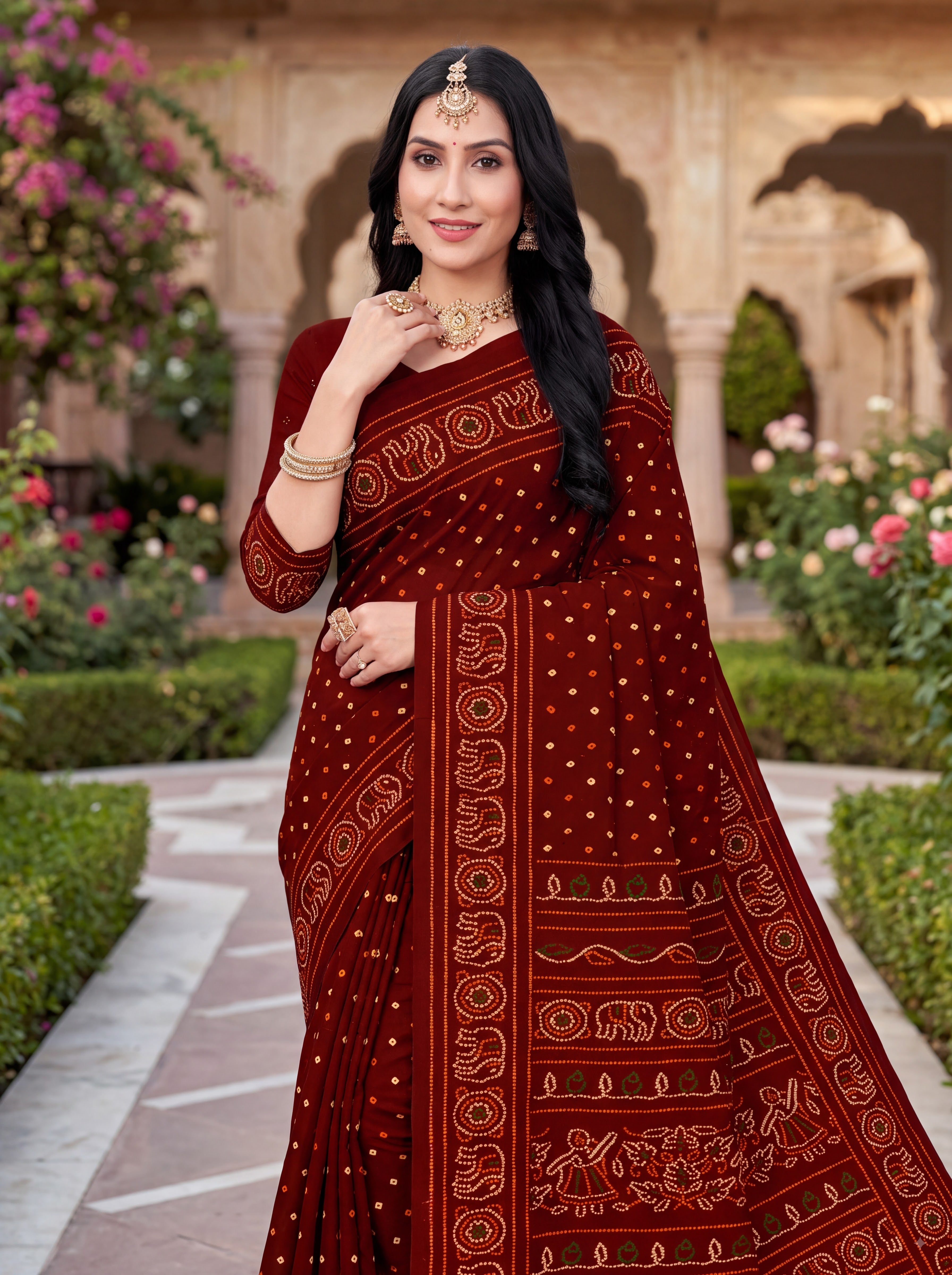 Rang Mahal Heritage Print Maroon Color Bandhani Saree