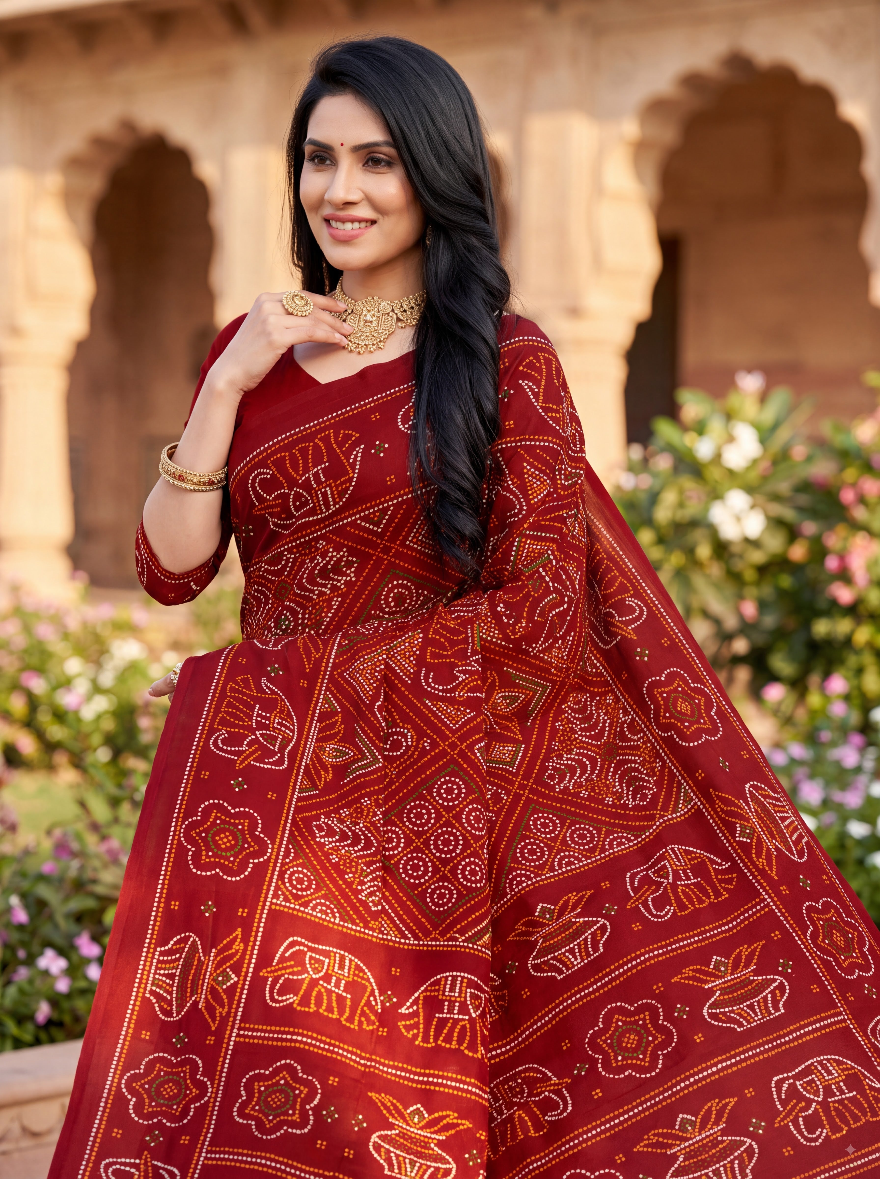 Gaj Kesari Heritage Print Maroon Color Bandhani Saree
