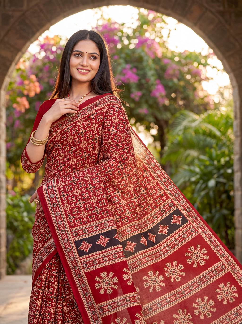 Sitara Premium Printed Ajrakh Red Color Saree