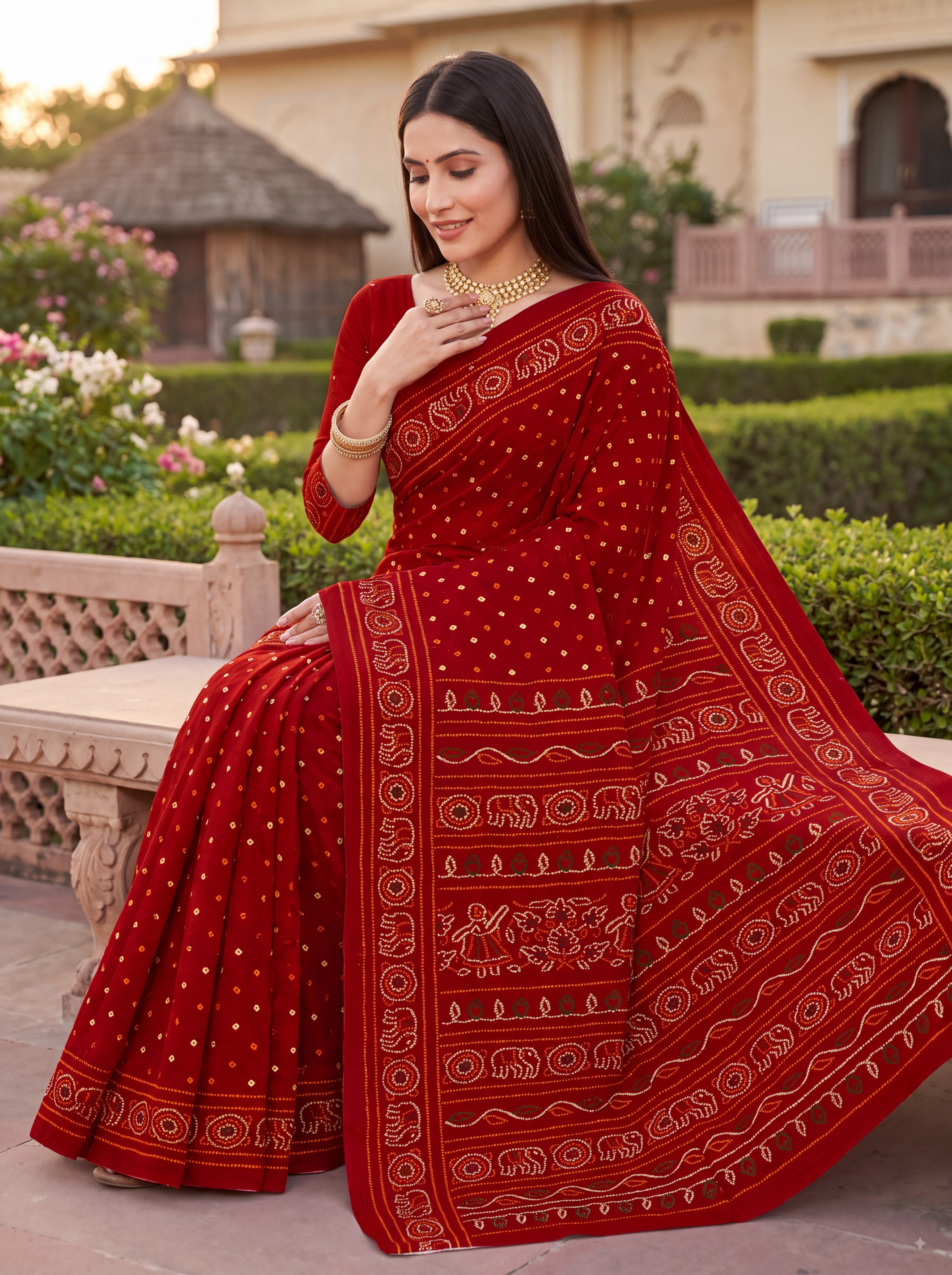 Rang Mahal Heritage Print Red Color Bandhani Saree