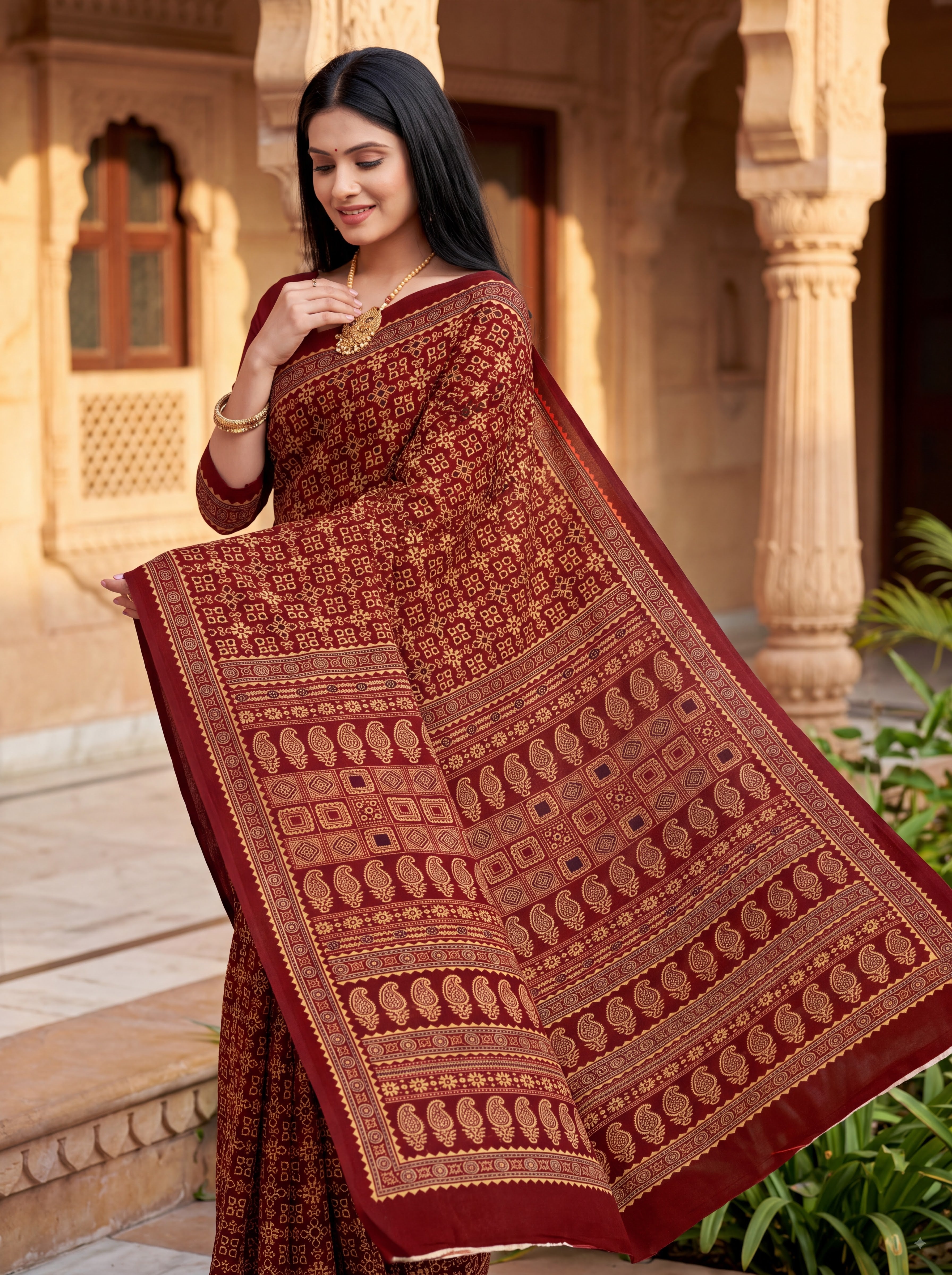 Yamini Heritage Print Ajrakh Maroon Color Saree