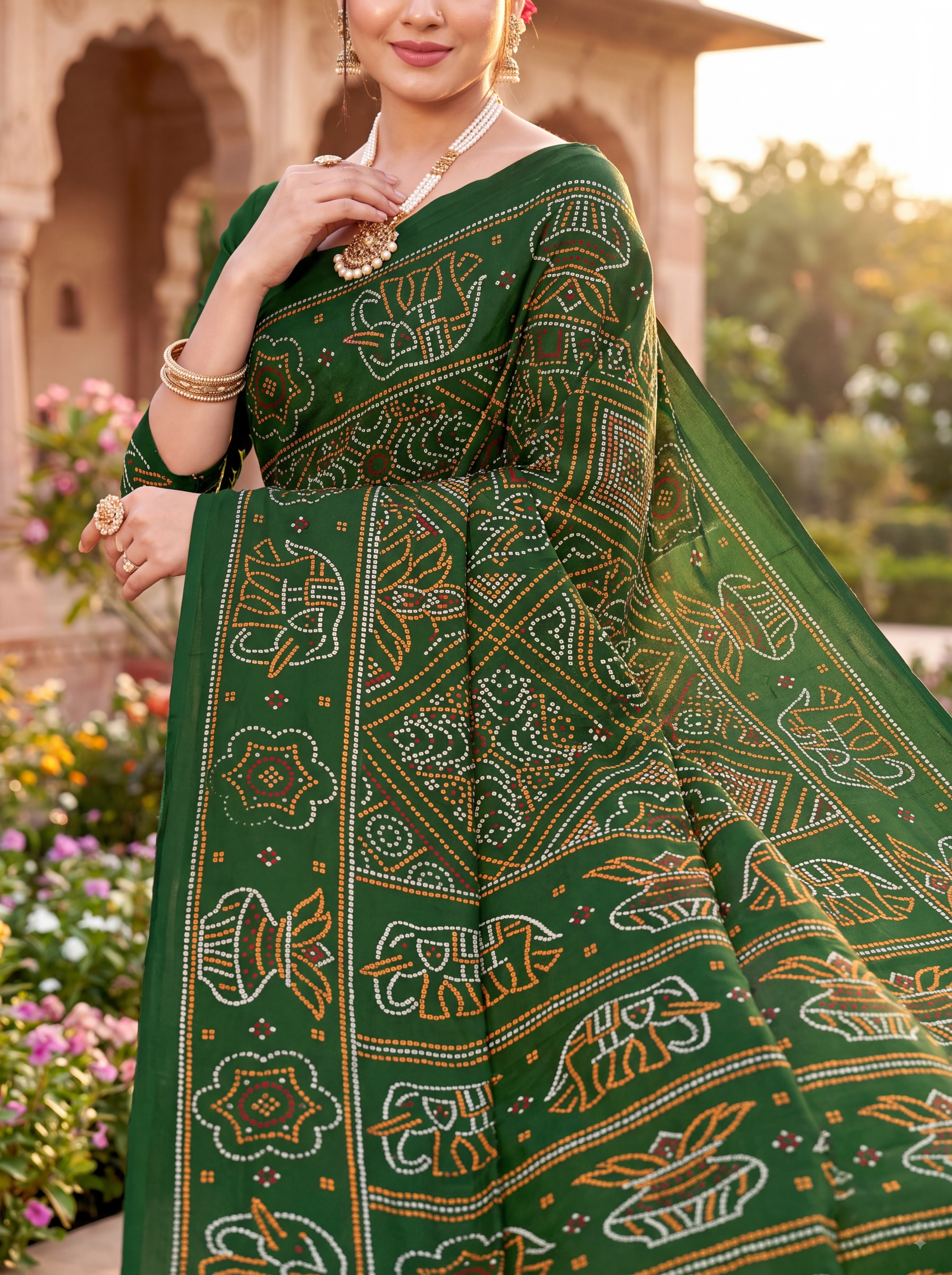 Gaj Kesari Heritage Print Green Color Bandhani Saree