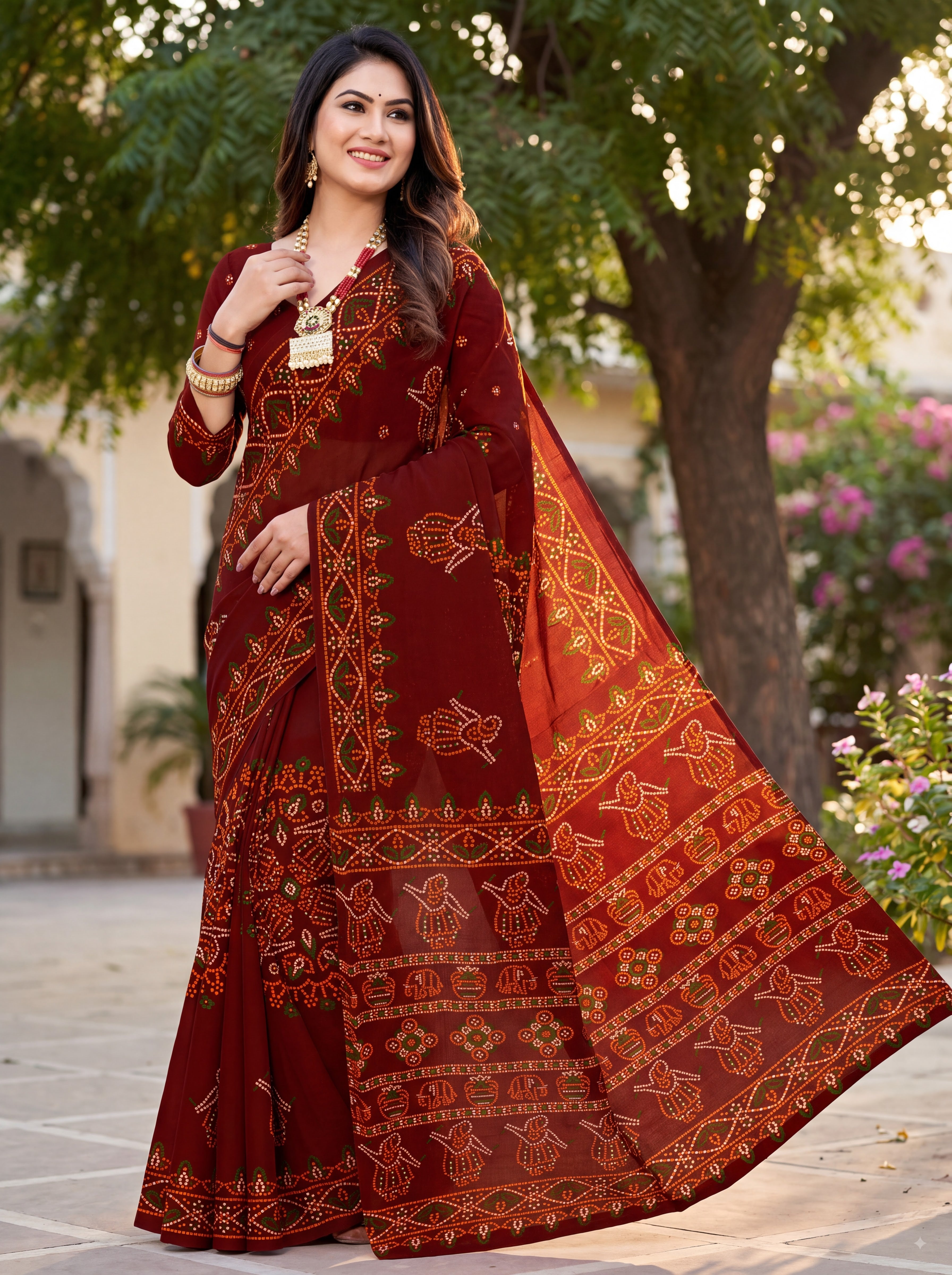 Rasmandala Heritage Print Maroon Color Bandhani Saree