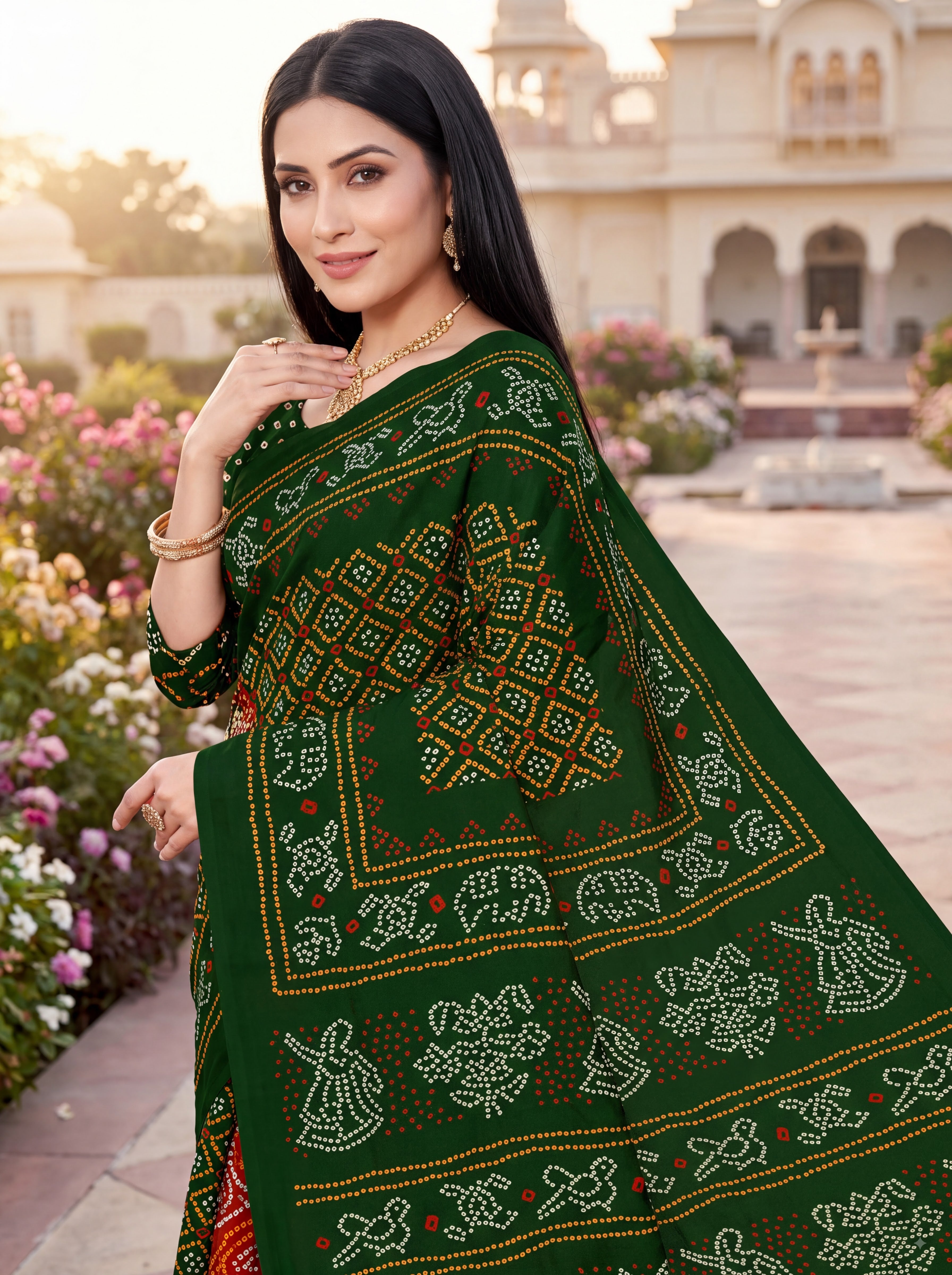 Rajratna Heritage Print Bandhani Green Color Saree