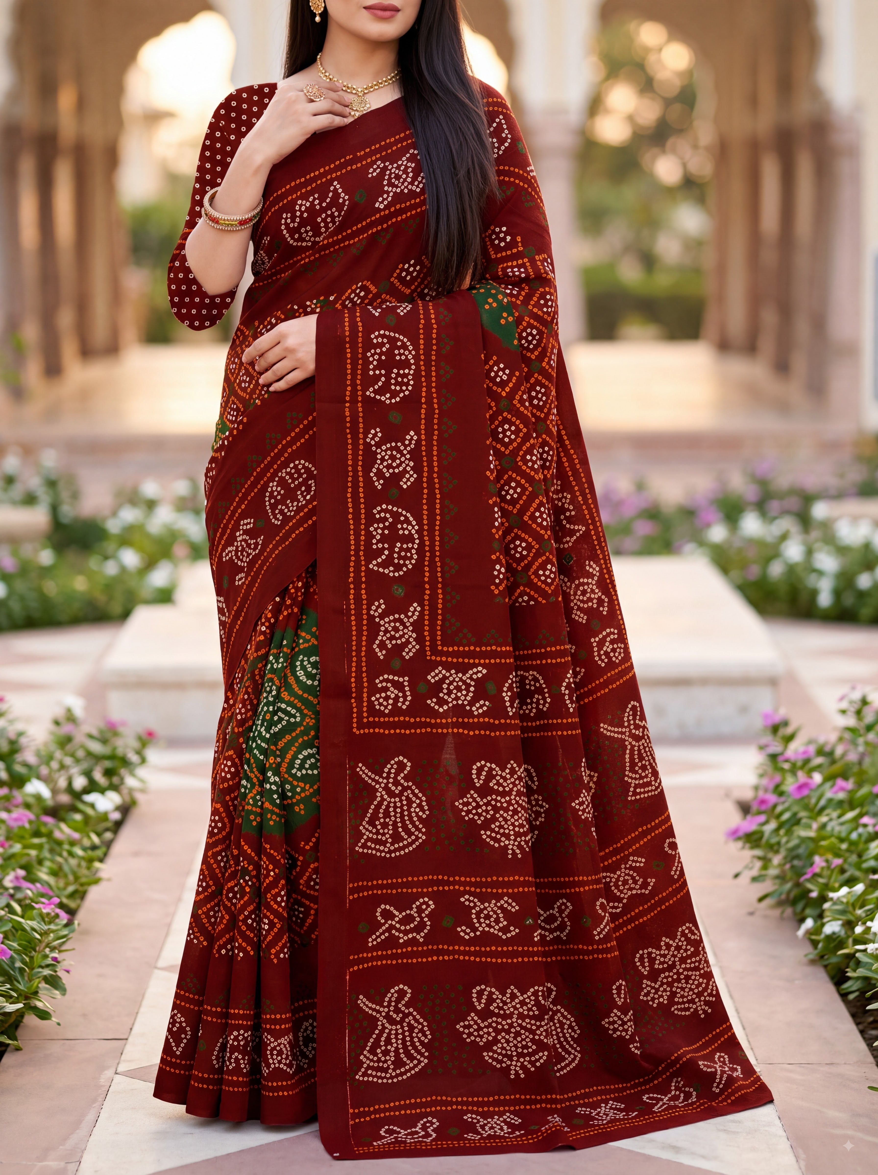 Rajratna Heritage Print Bandhani Maroon Color Saree
