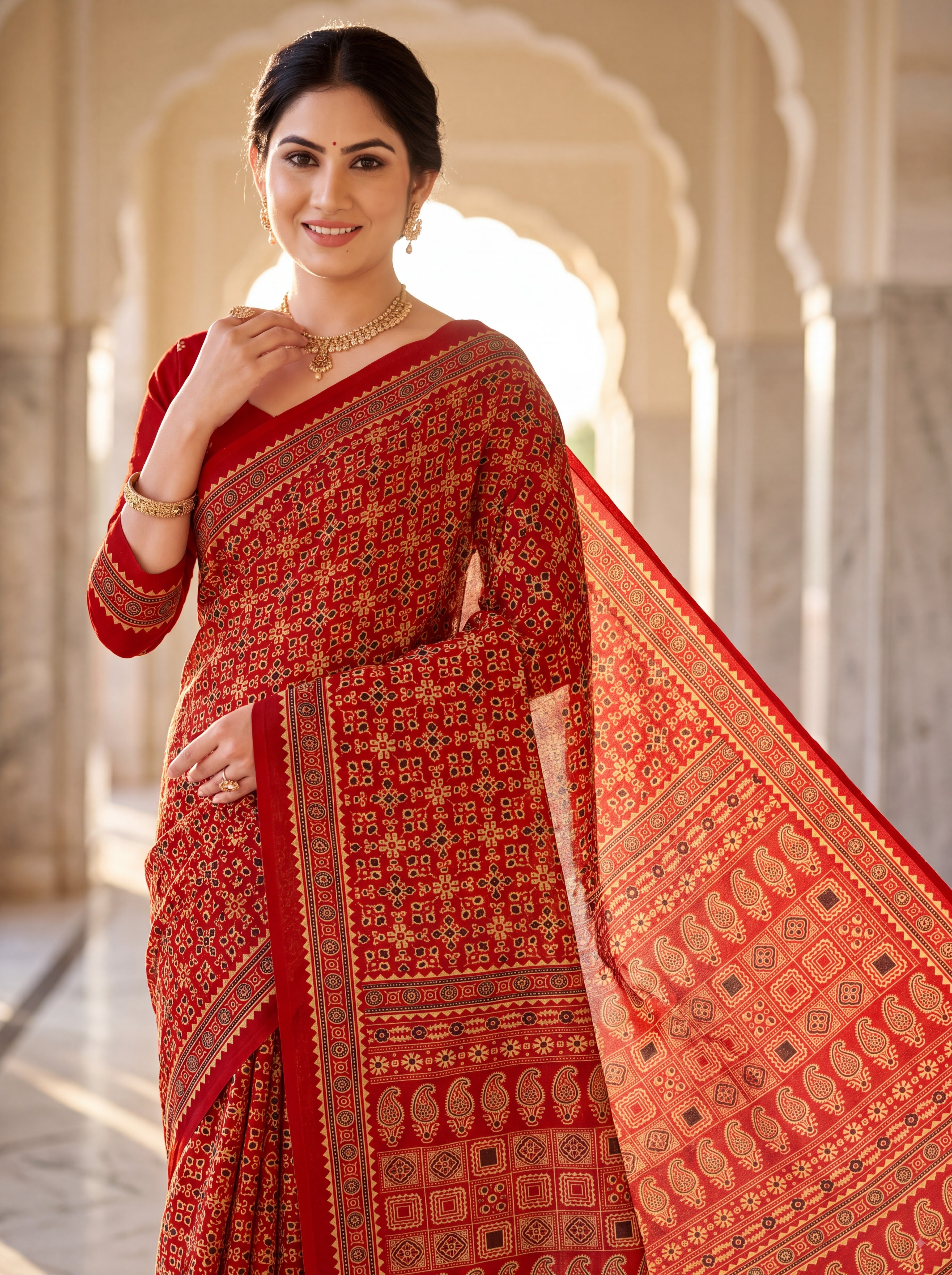 Yamini Heritage Print Ajrakh Red Color Saree