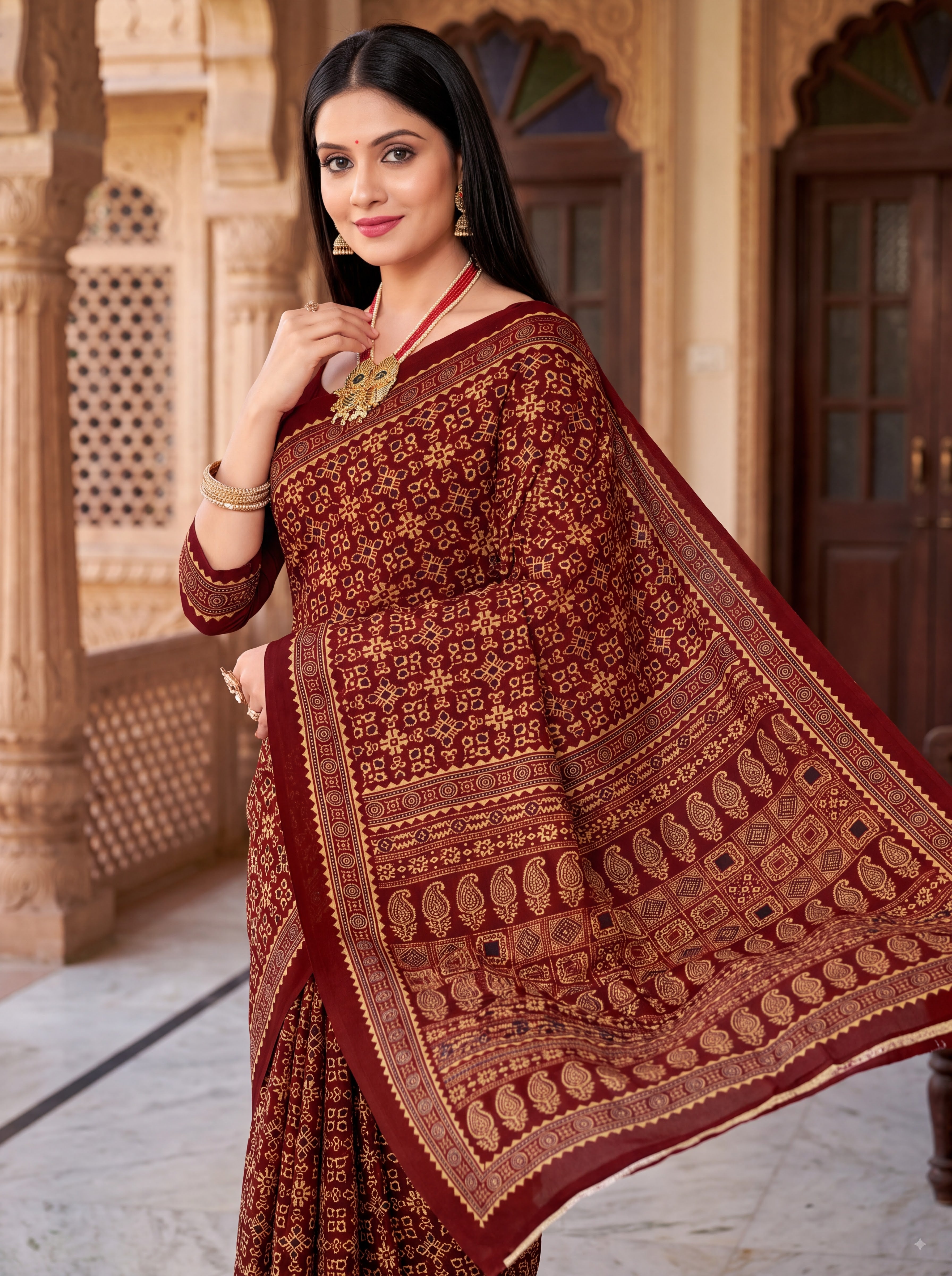 Yamini Heritage Print Ajrakh Maroon Color Saree