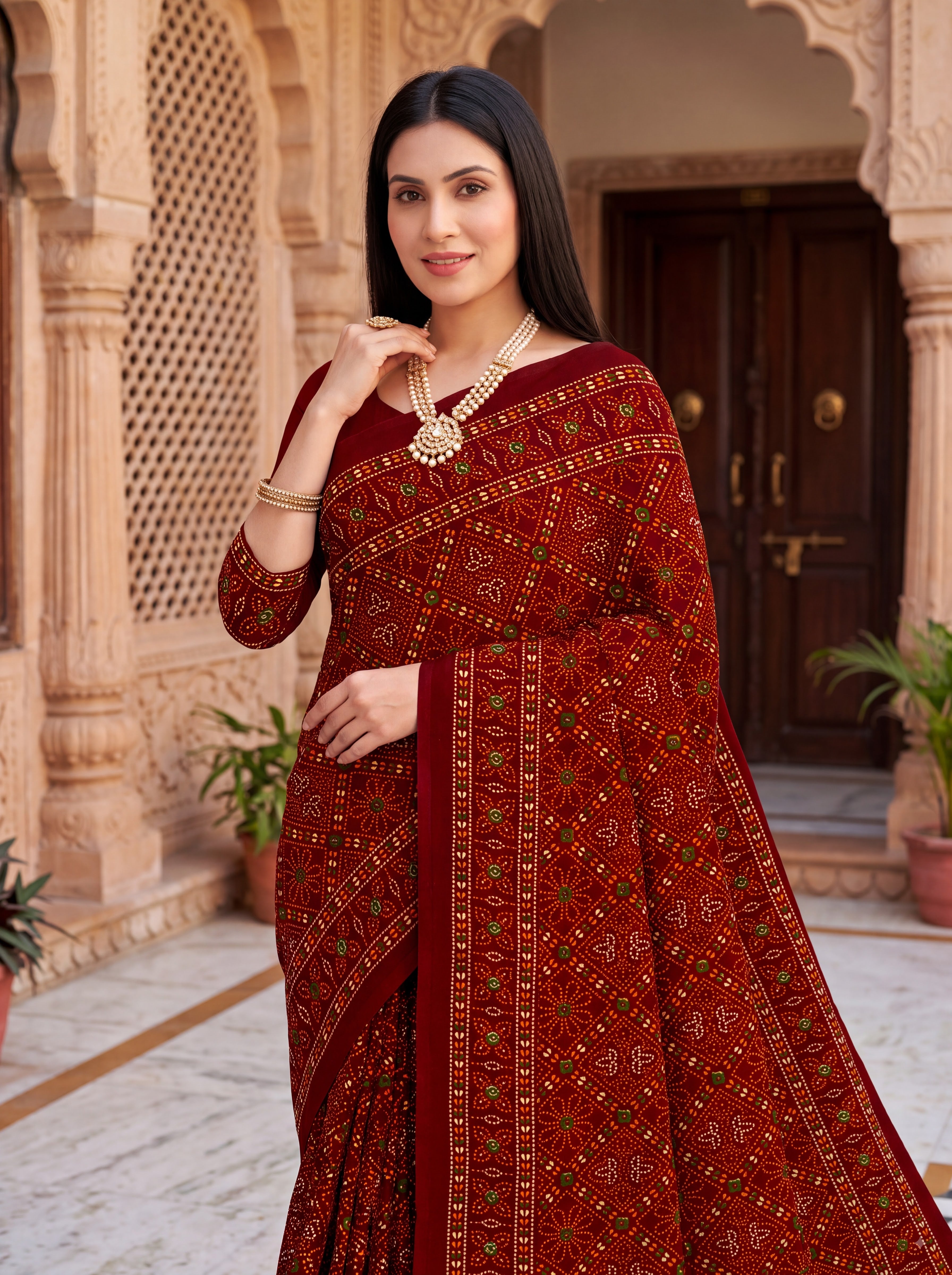 Raj Tilak Heritage Print Maroon Bandhani Saree