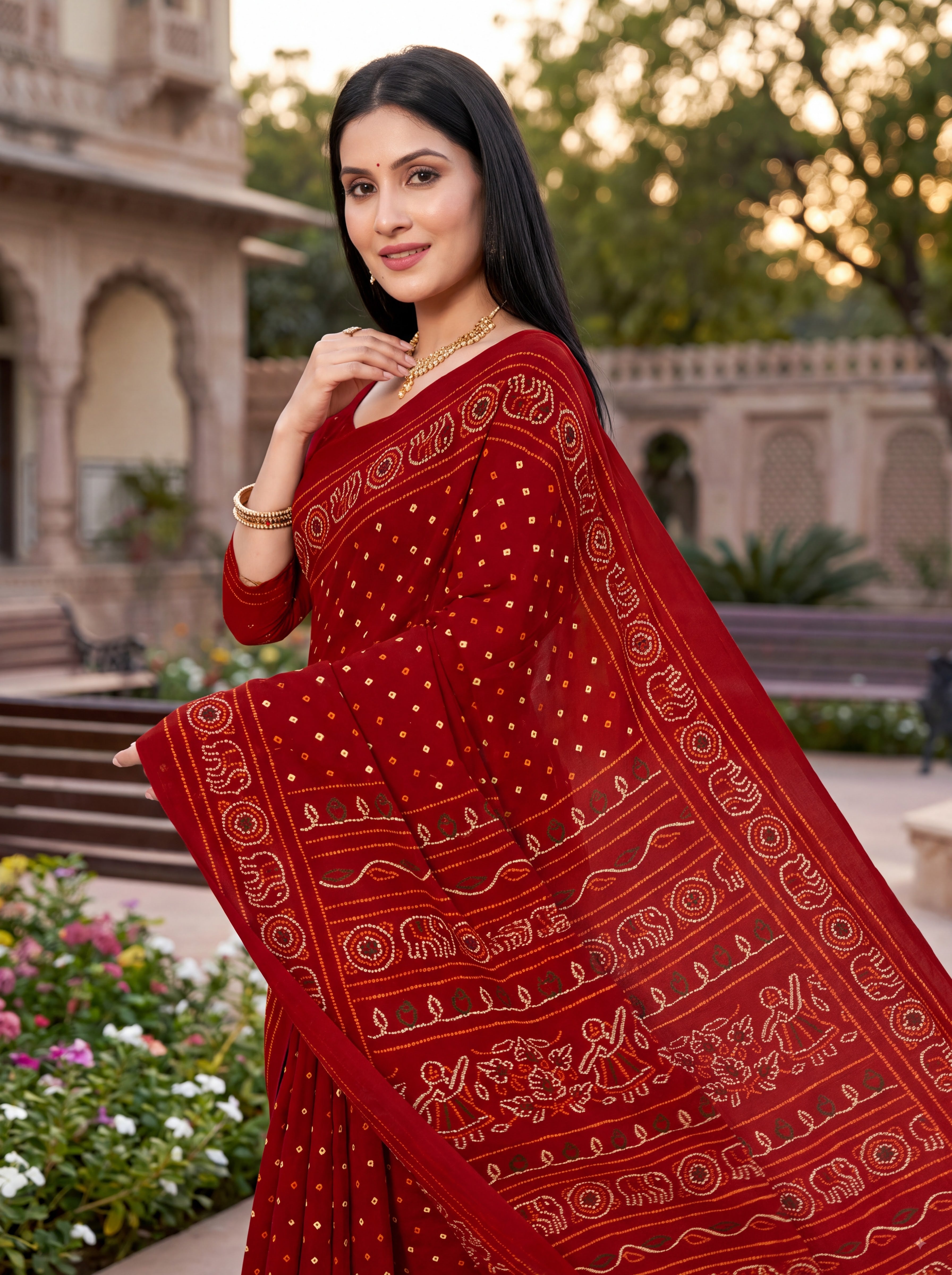 Rang Mahal Heritage Print Red Color Bandhani Saree