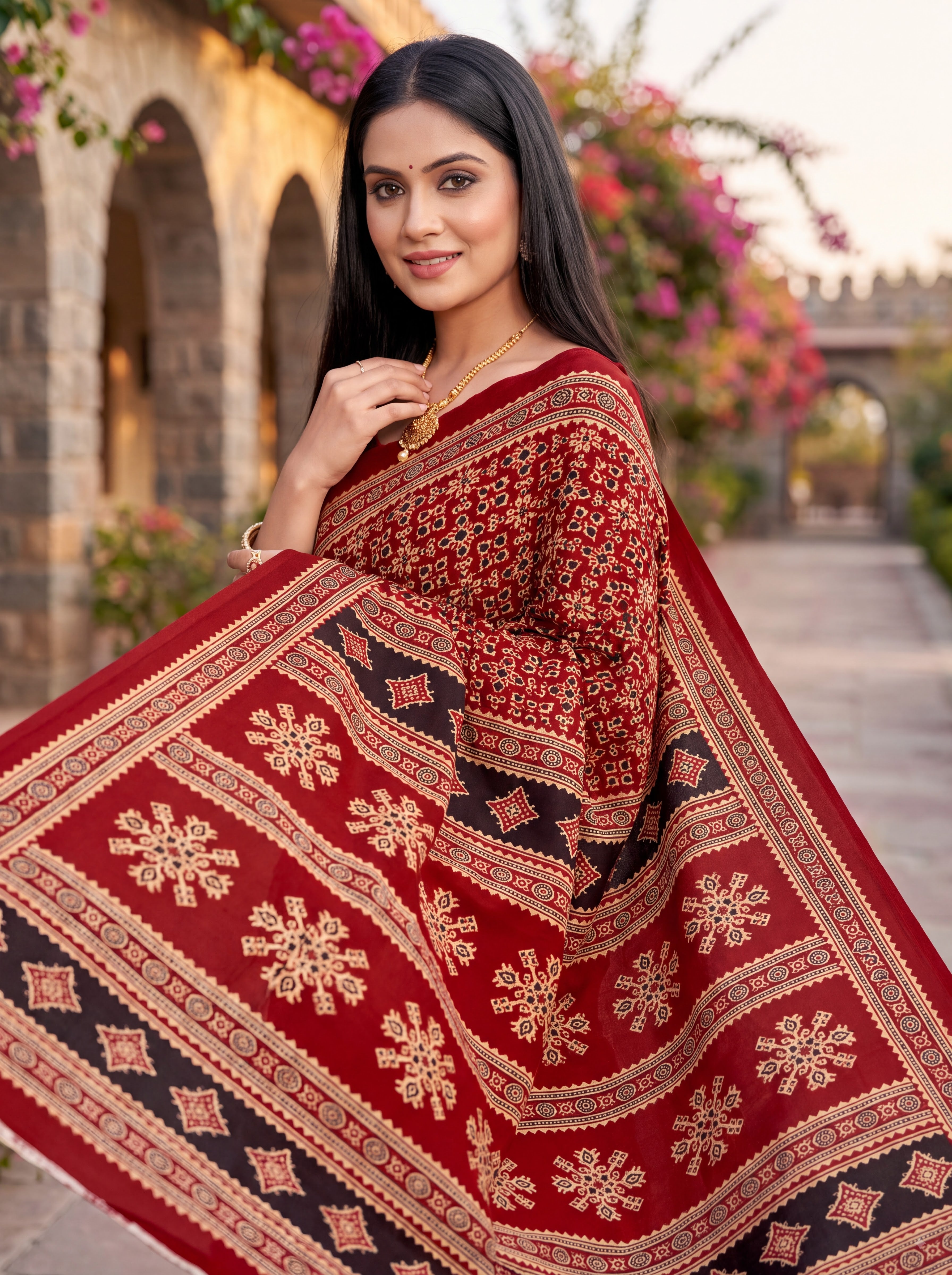 Sitara Premium Printed Ajrakh Red Color Saree