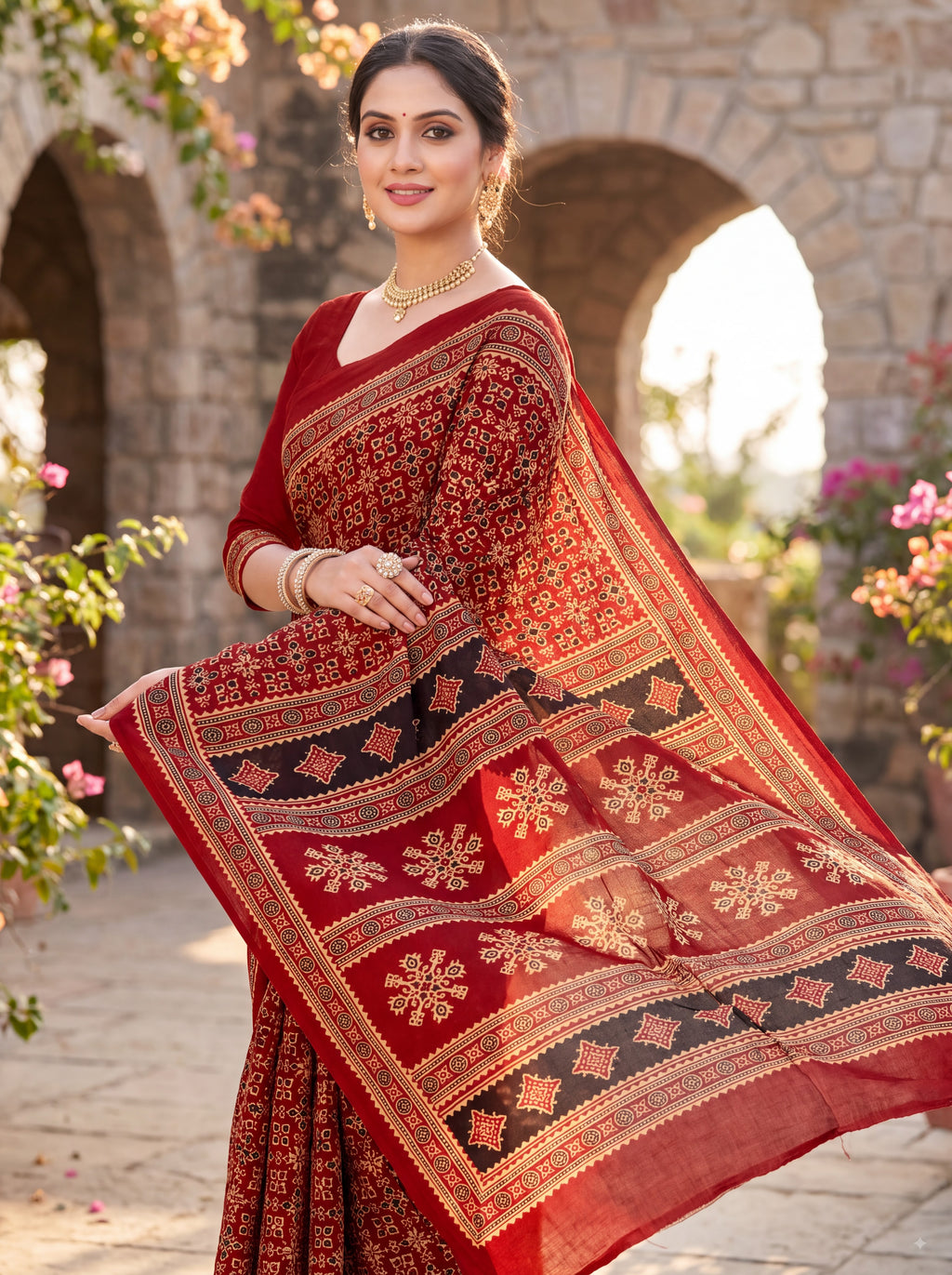 Sitara Premium Printed Ajrakh Red Color Saree