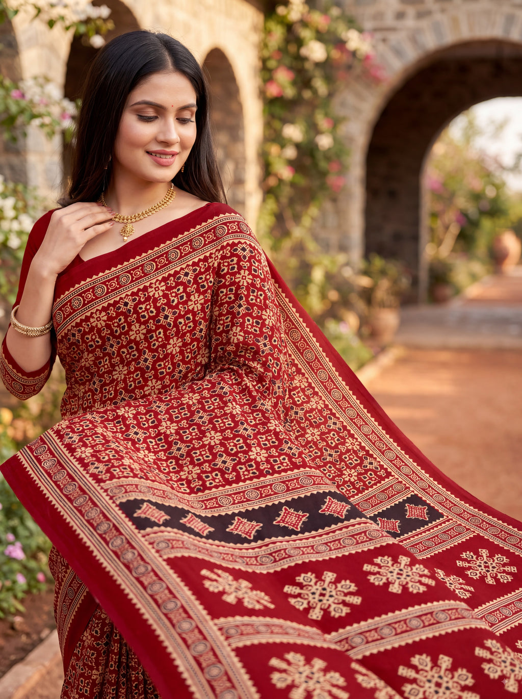Sitara Premium Printed Ajrakh Red Color Saree
