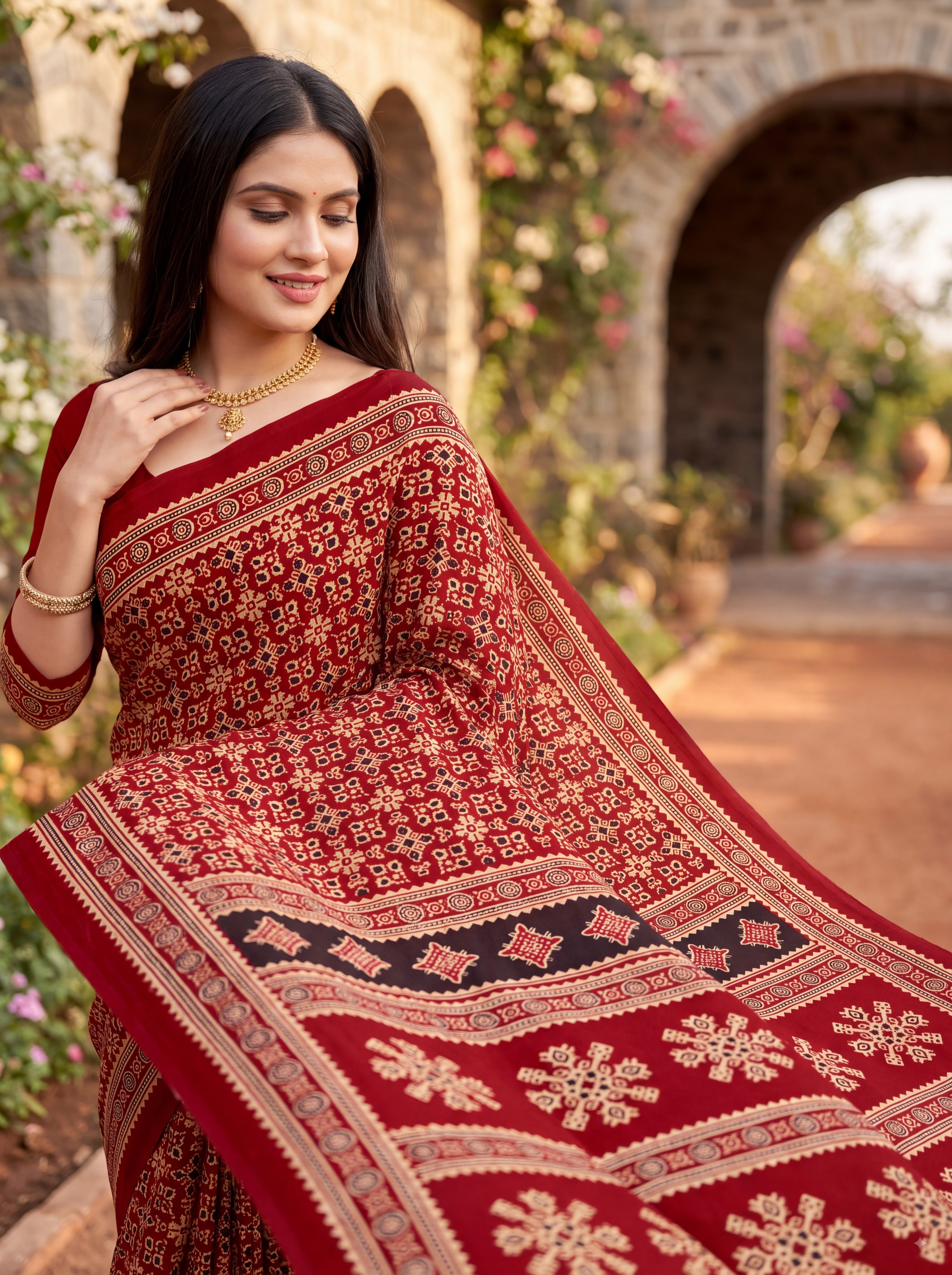 Sitara Premium Printed Ajrakh Red Color Saree