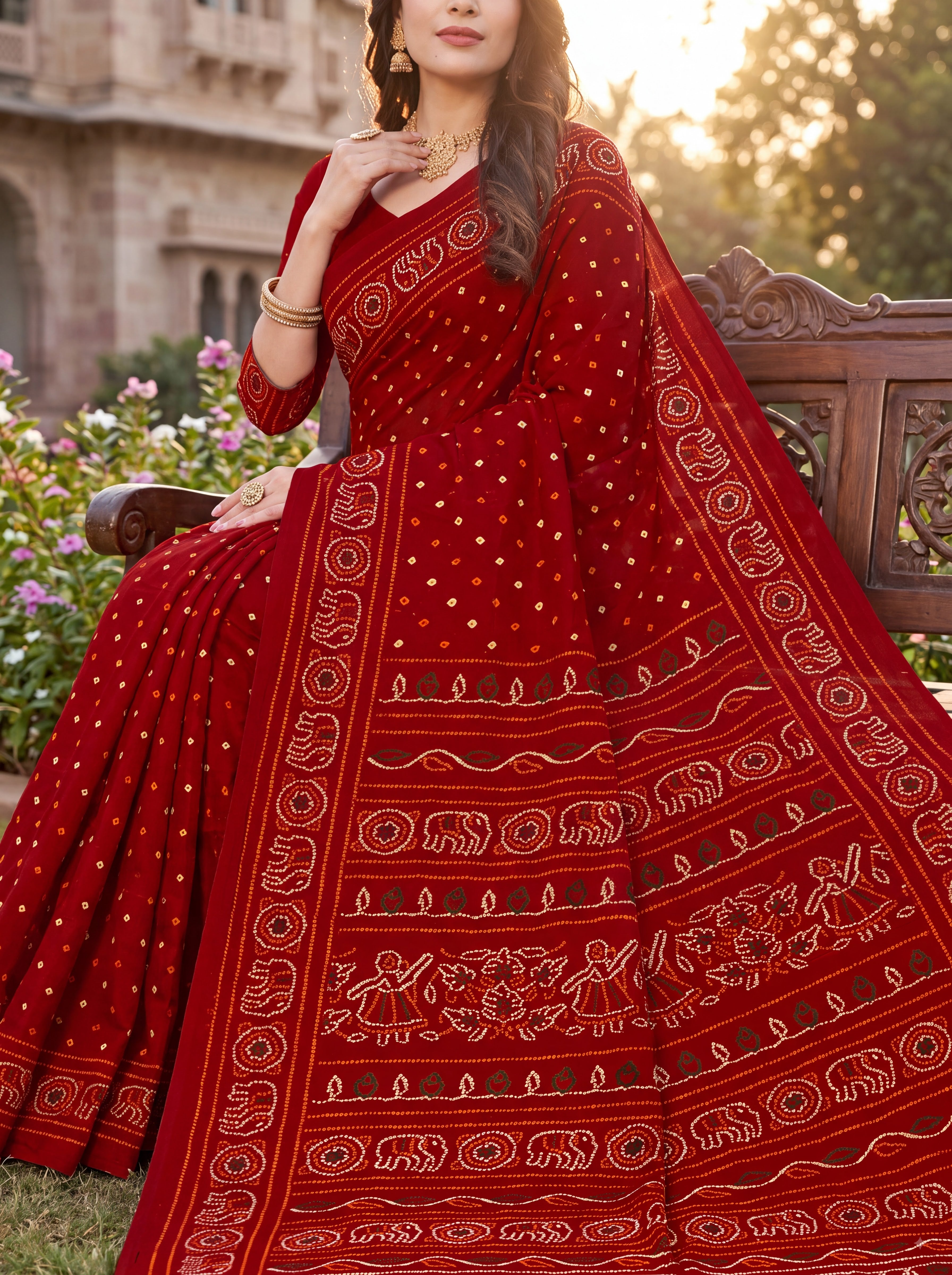 Rang Mahal Heritage Print Red Color Bandhani Saree