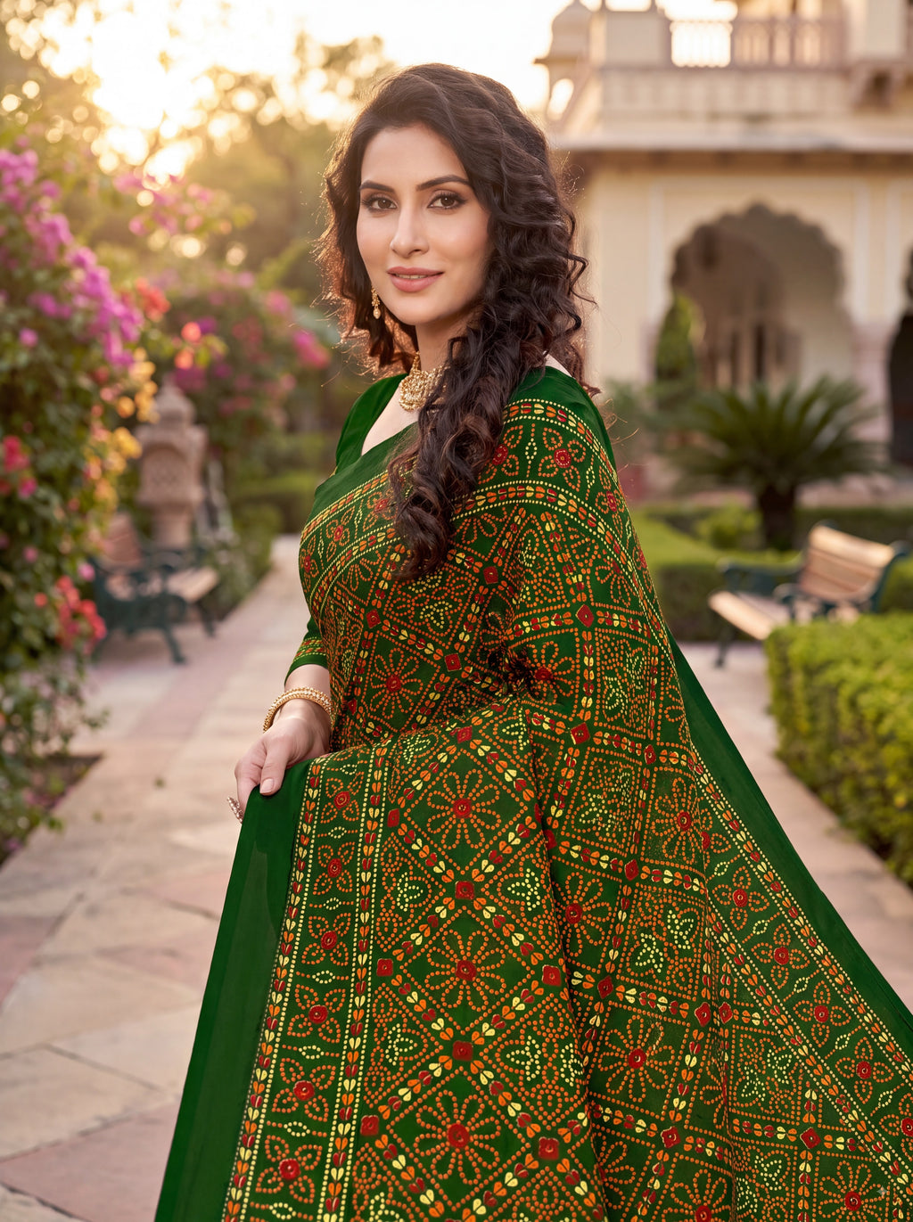 Raj Tilak Heritage Print Green Bandhani Saree