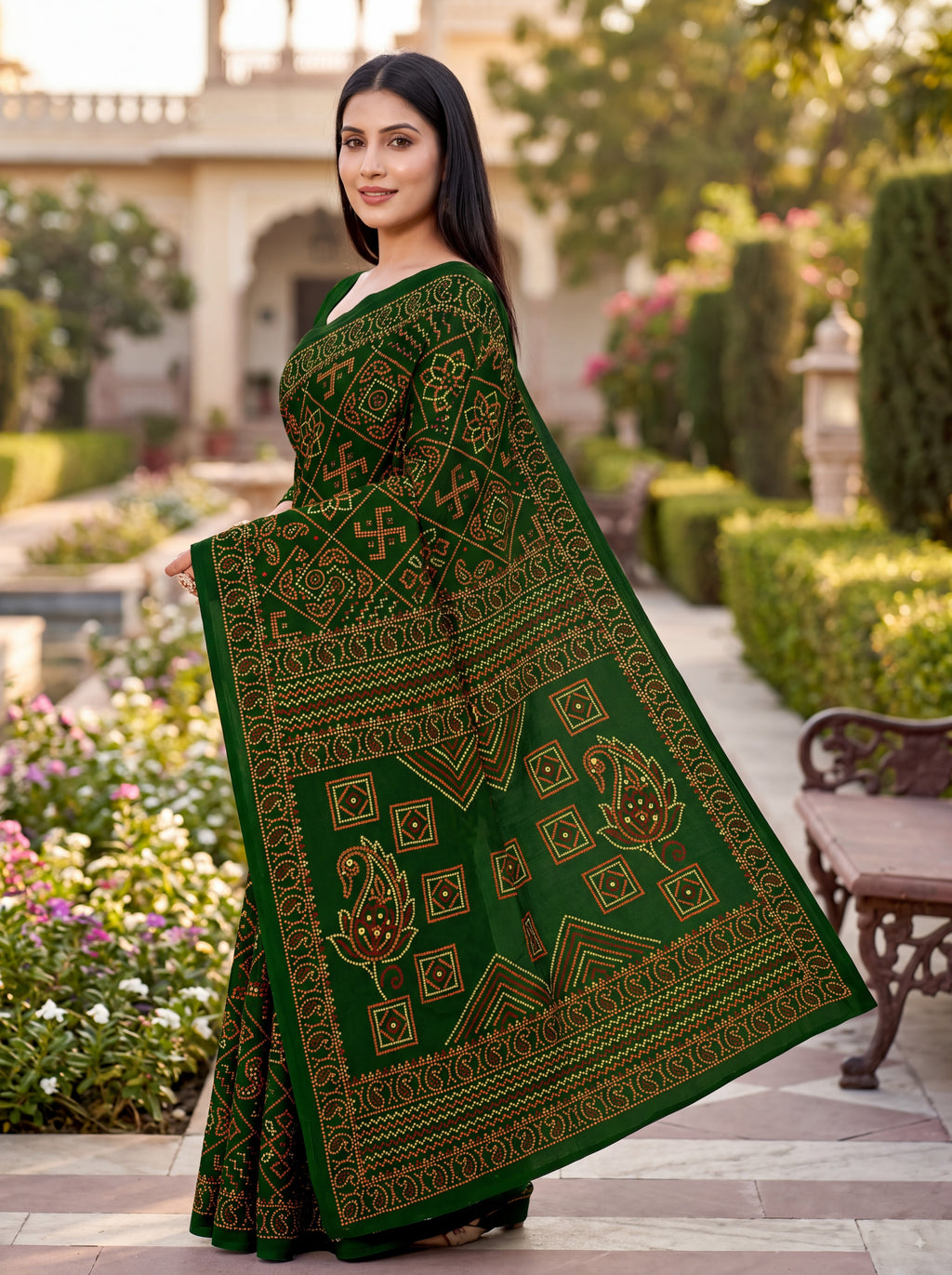 Padmavati Heritage Print Green Bandhani Saree