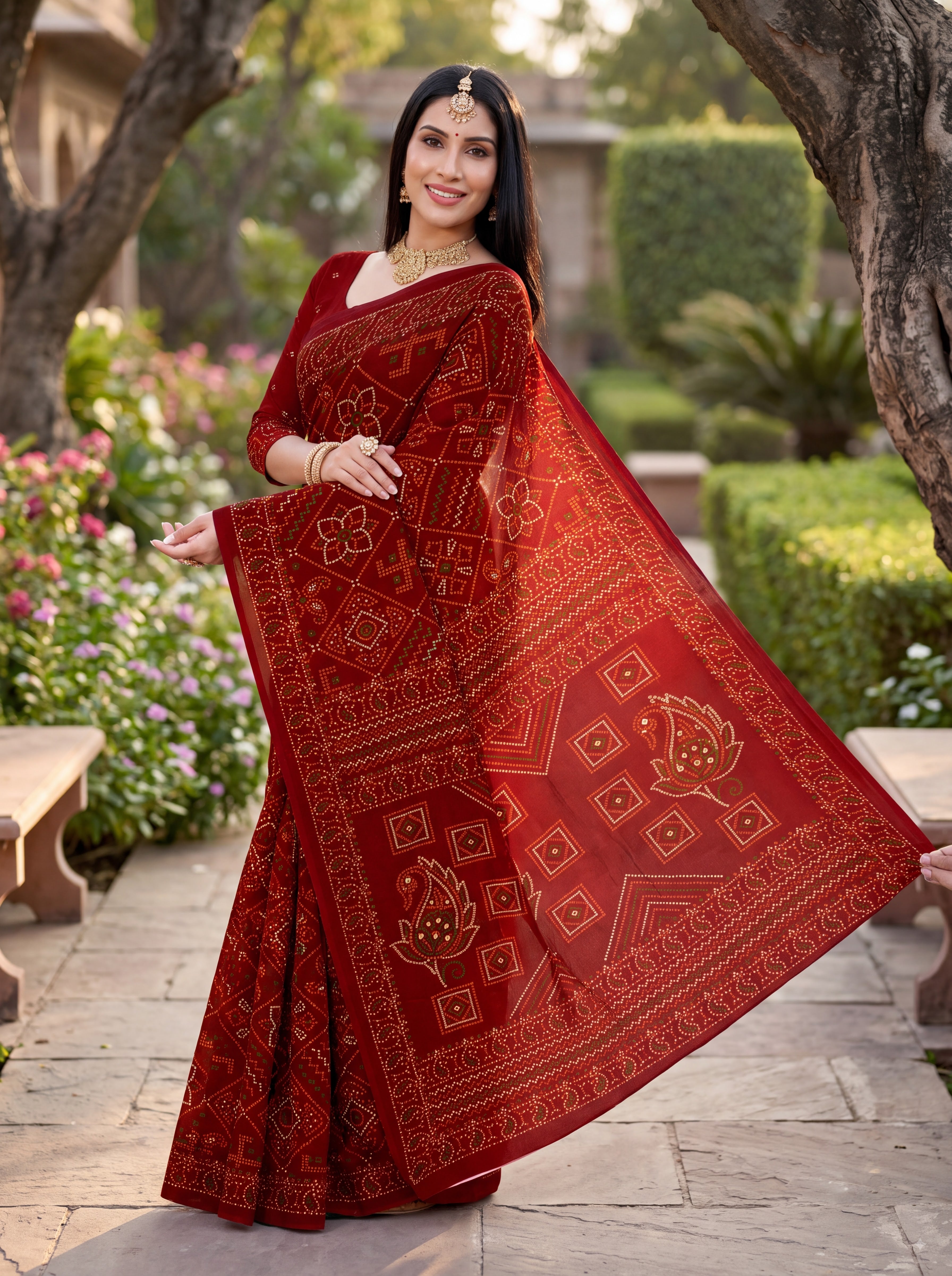 Padmavati Heritage Print Maroon Bandhani Saree