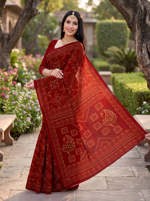 Padmavati Heritage Print Maroon Bandhani Saree