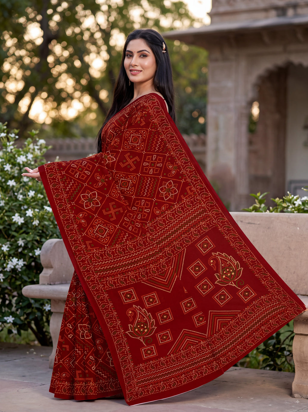 Padmavati Heritage Print Maroon Bandhani Saree
