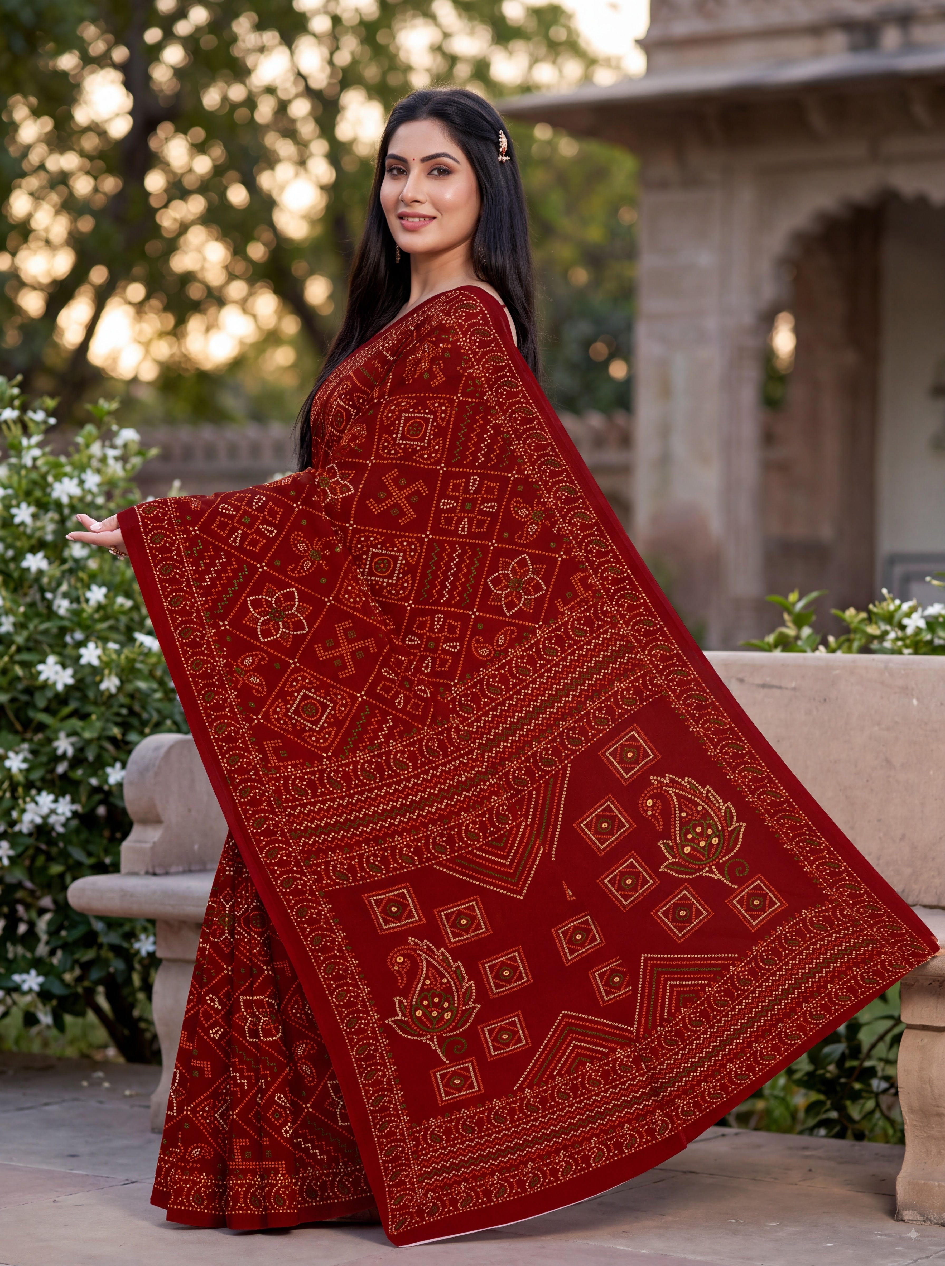 Padmavati Heritage Print Maroon Bandhani Saree